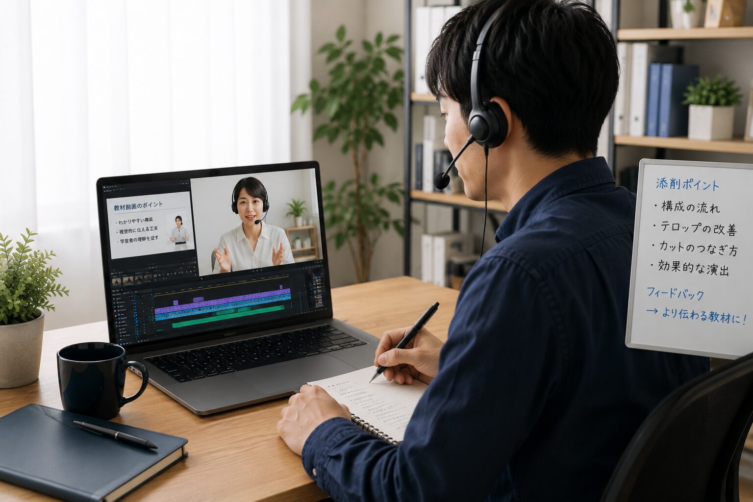 オンラインで講師から動画教材制作の添削を受ける受講生
