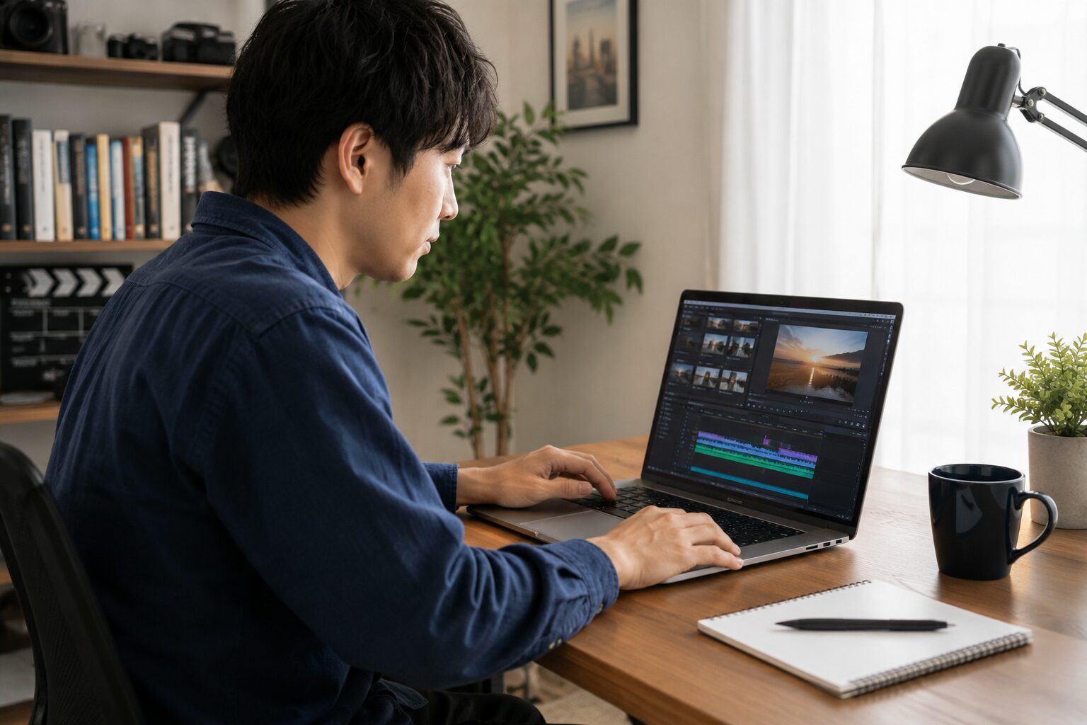 動画編集ソフトで学習する男性