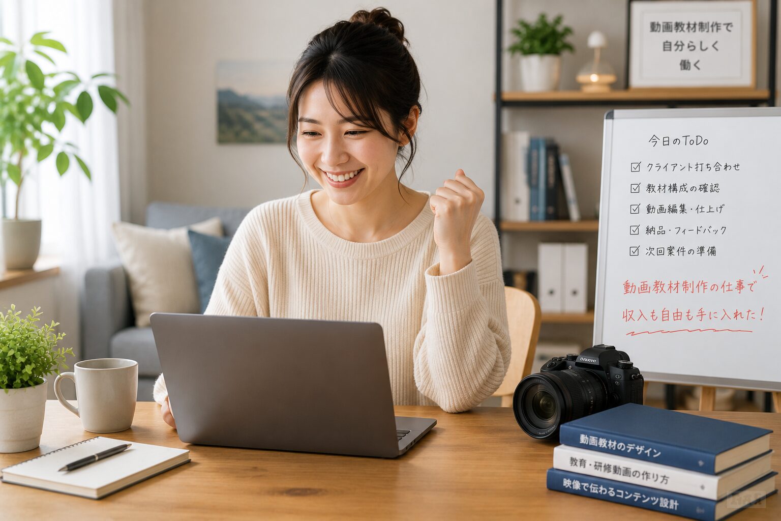 自宅で動画教材制作の仕事に取り組む女性