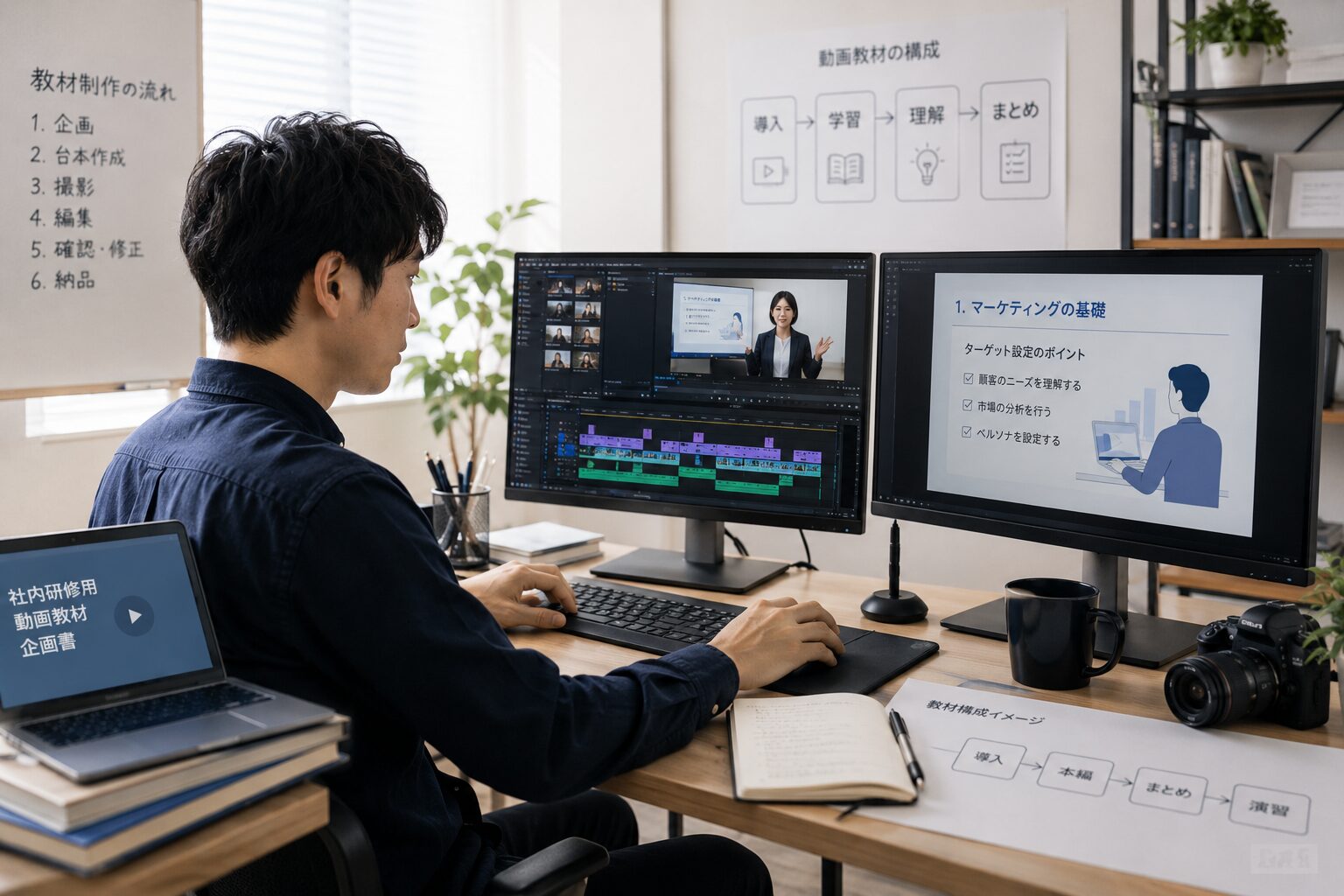 動画教材制作の編集画面を確認する男性