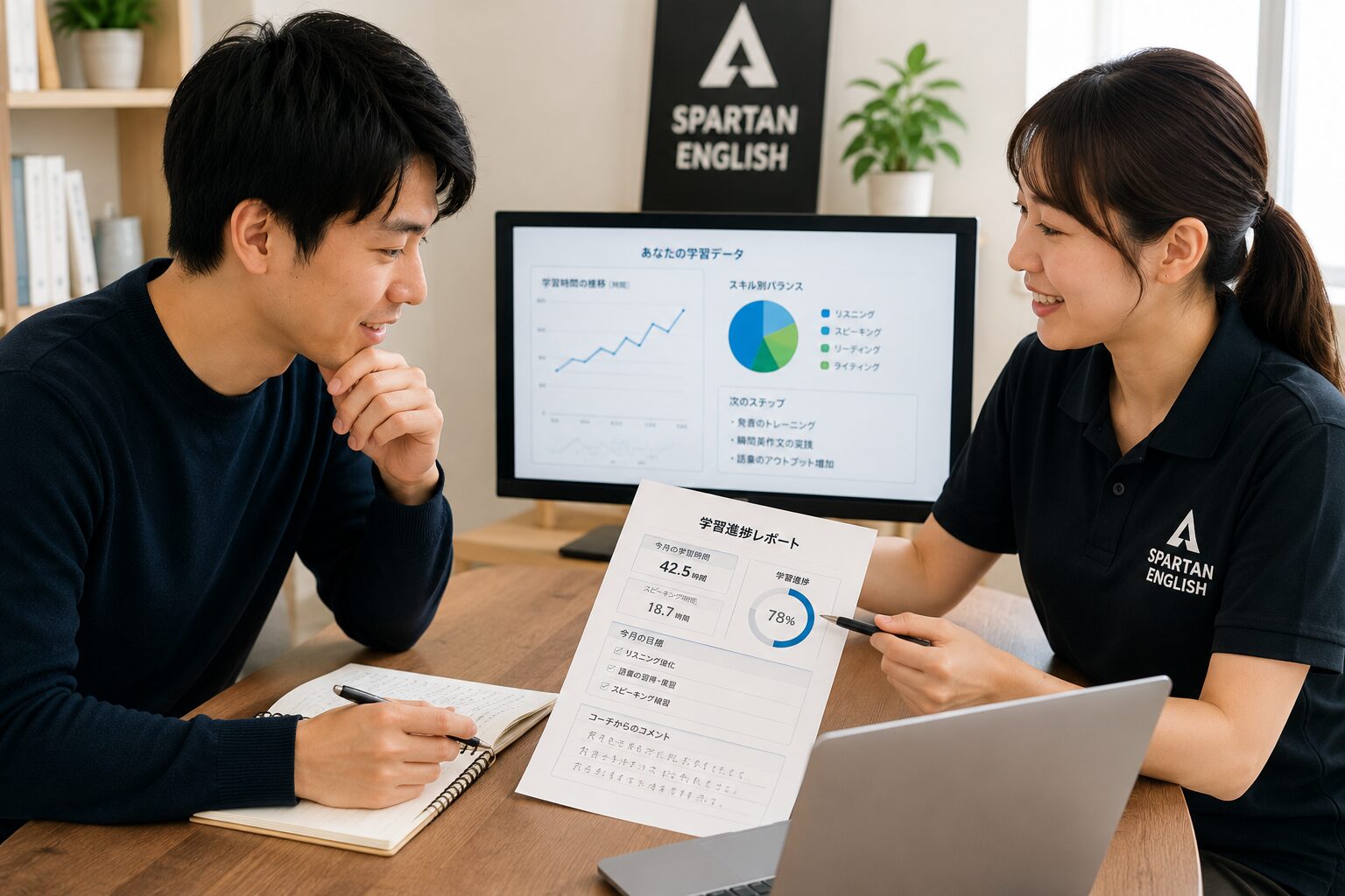 英語学習の進捗をコーチと確認する受講者