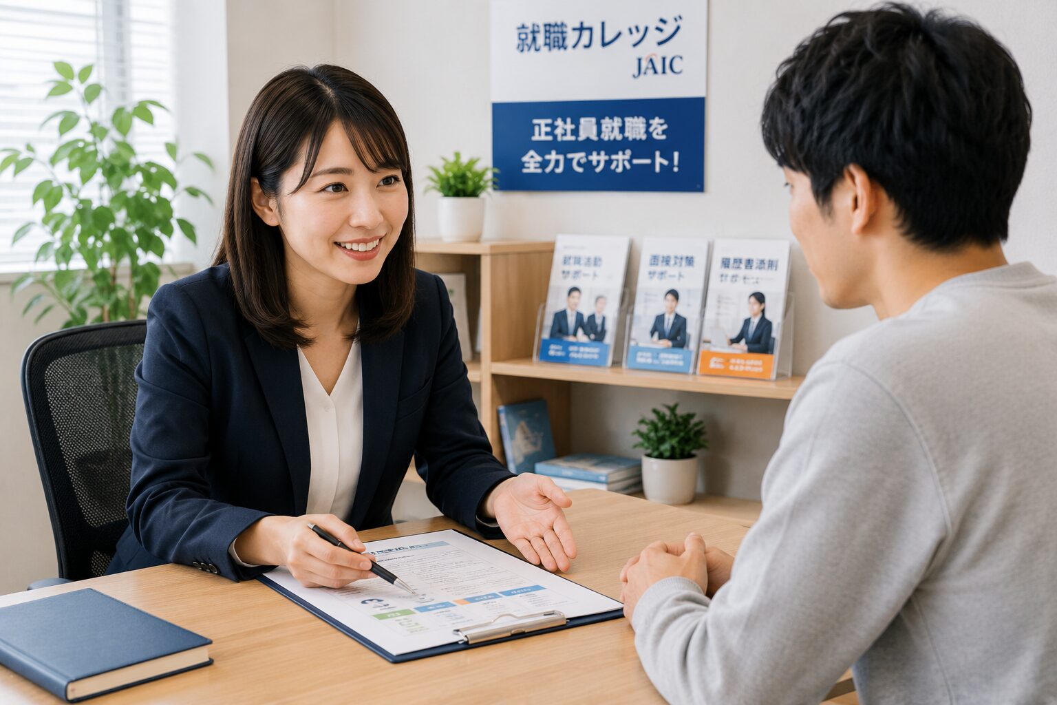 キャリアアドバイザーと就職相談をする20代男性