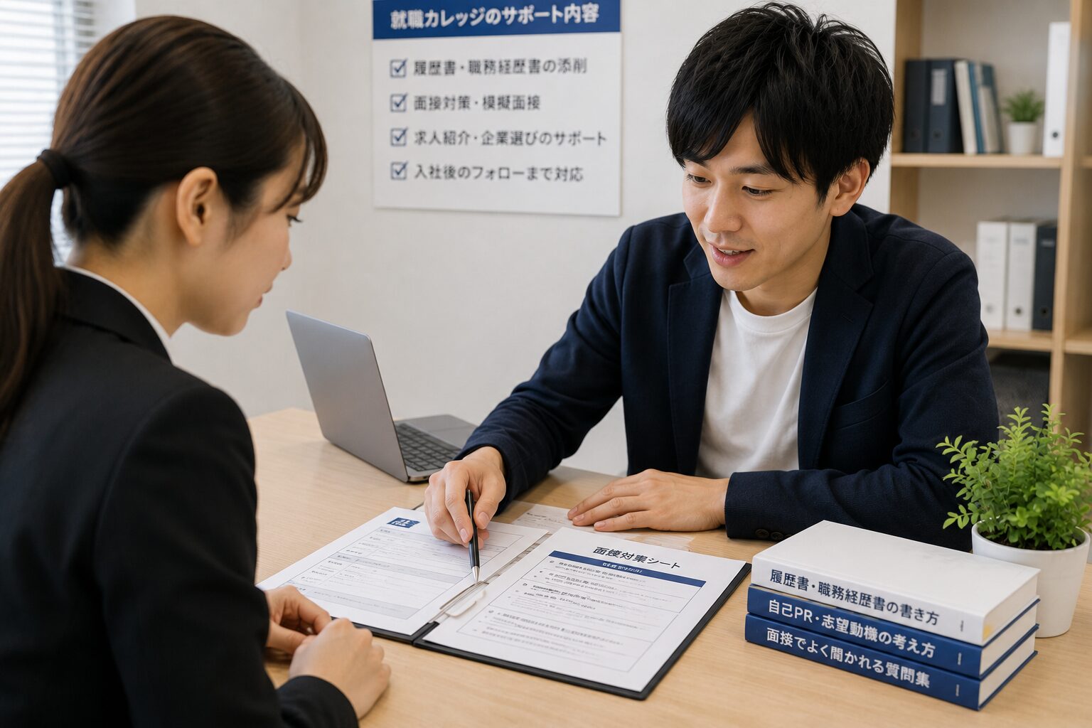 履歴書添削と面接対策を受ける20代求職者