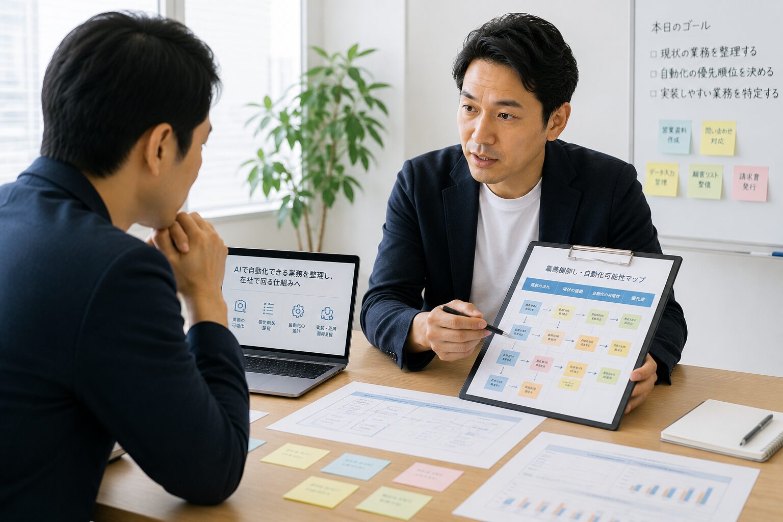 業務棚卸しと自動化の優先順位を相談する経営者