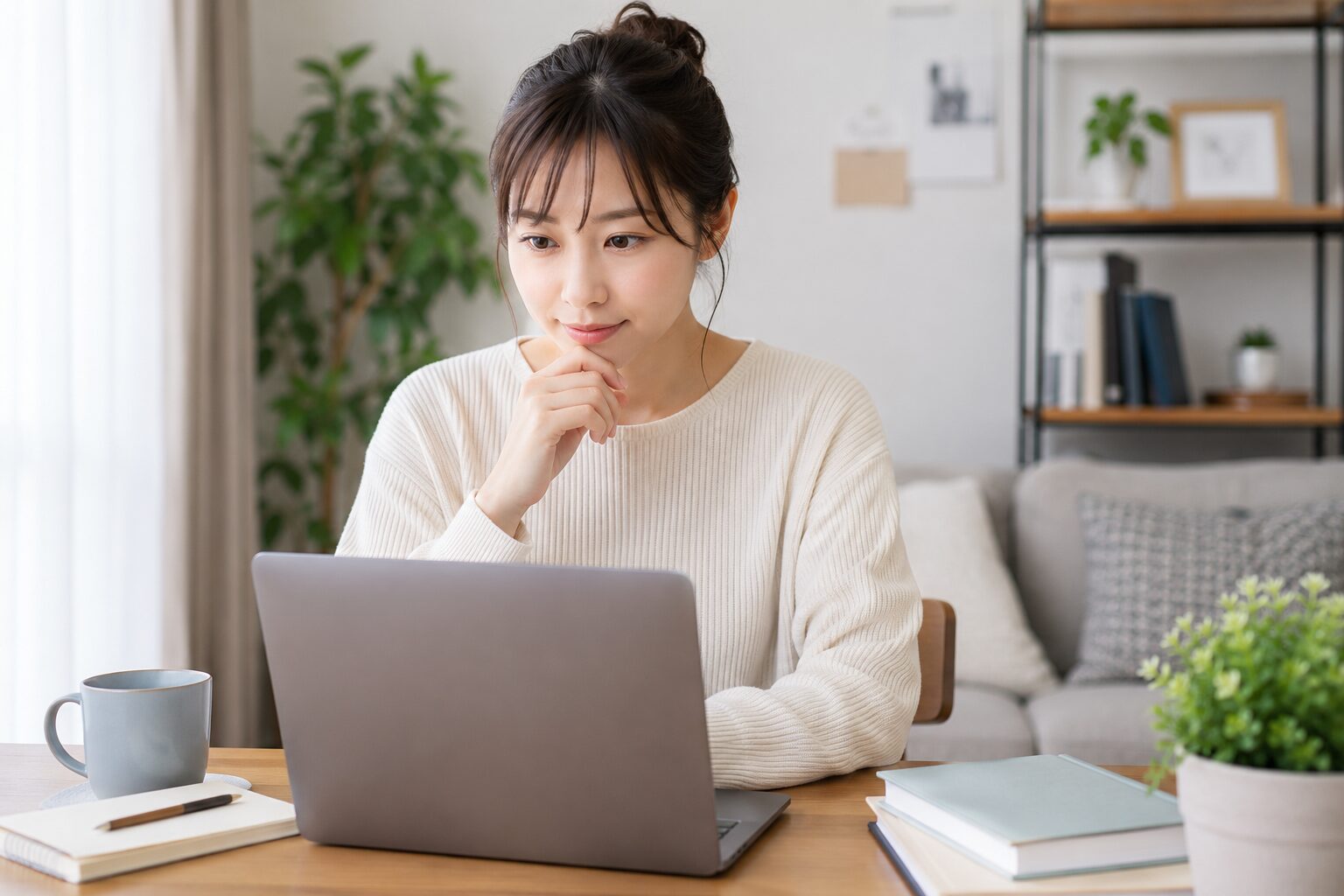 自宅で動画教材制作に興味を持つ女性