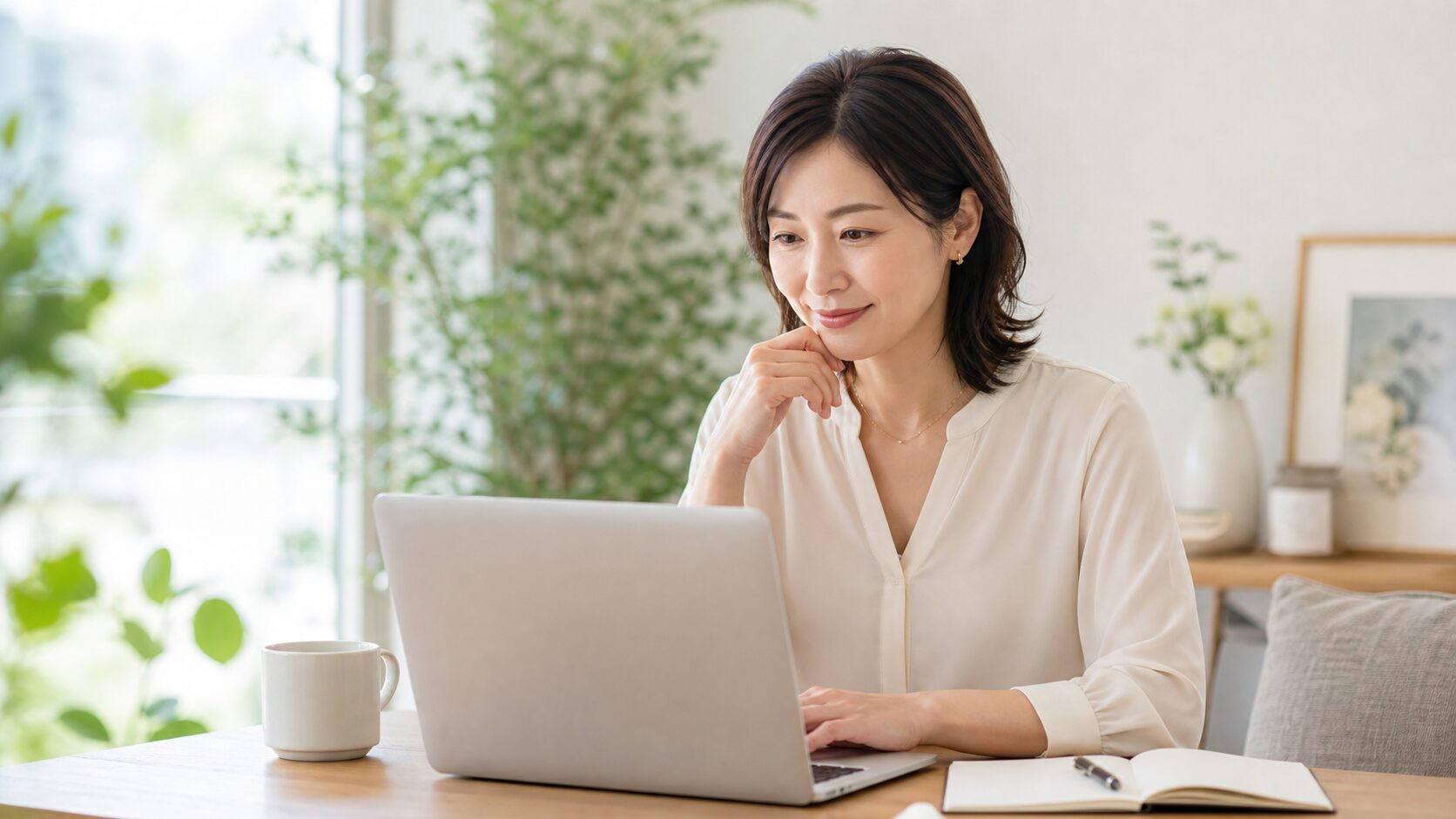自宅で診断結果を確認する女性