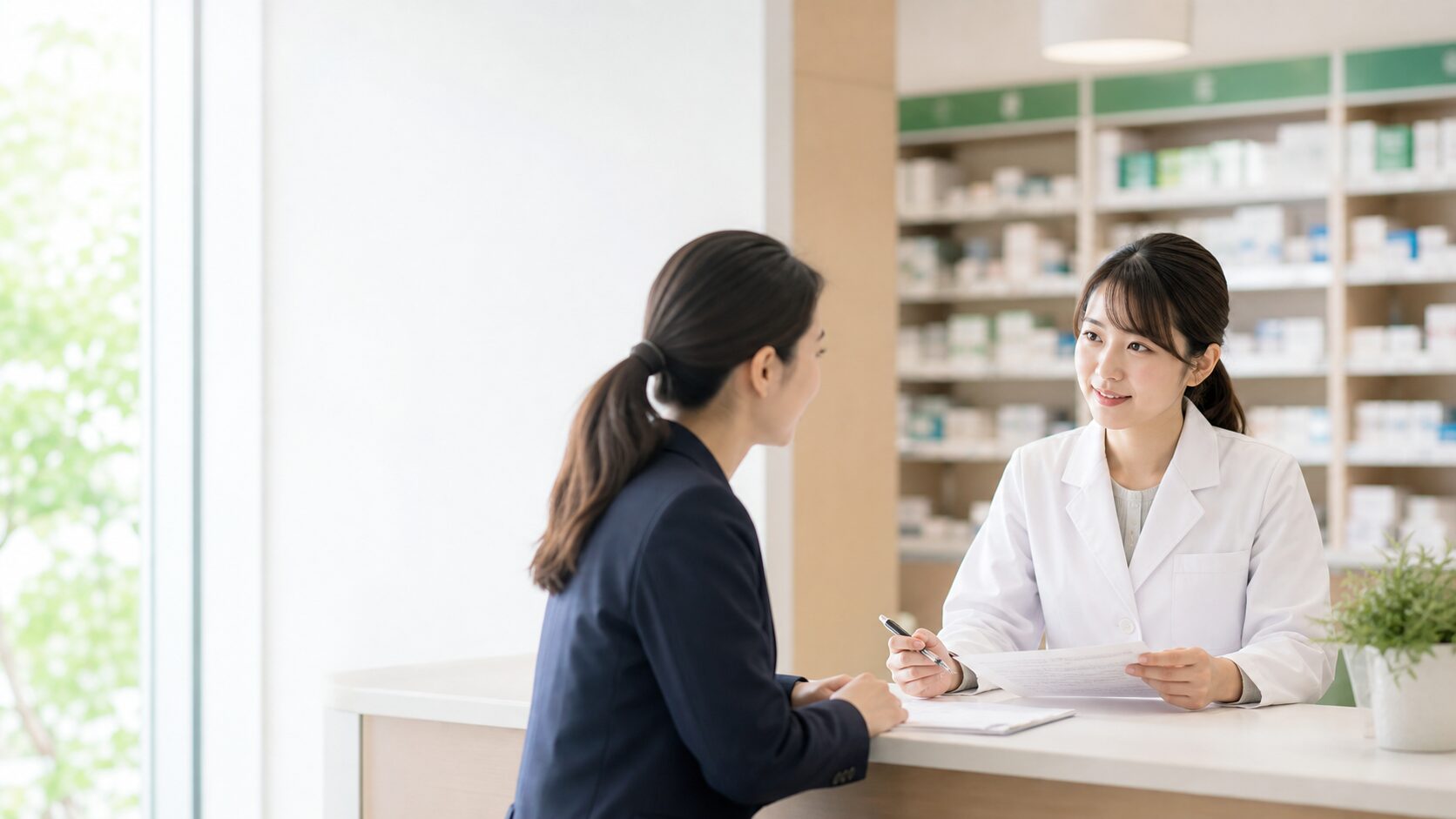 薬剤師がコーディネーターに働き方を相談しているイメージ