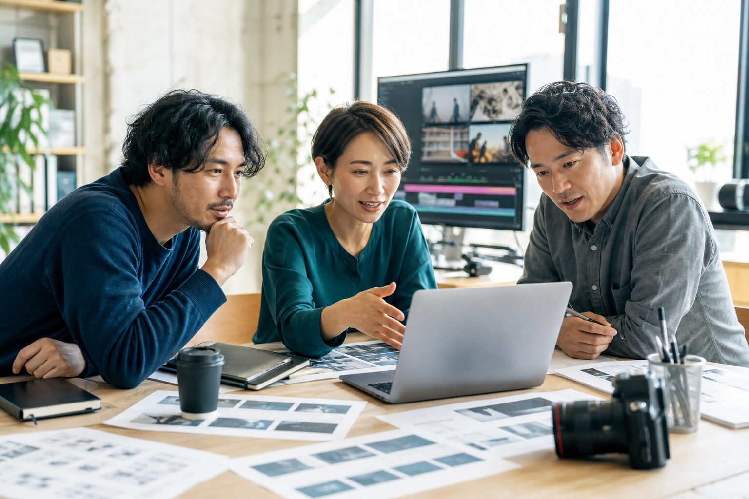 専門家から動画教材制作の指導を受ける様子
