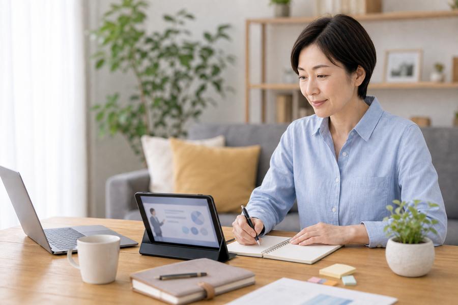 夜に自宅でオンライン授業を受ける50代の社会人