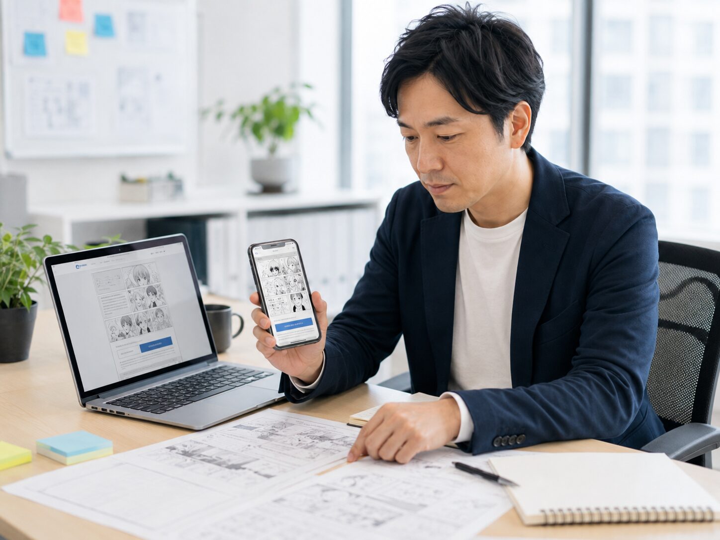 マンガLP公開前にスマホとパソコンの表示を確認するWeb担当者