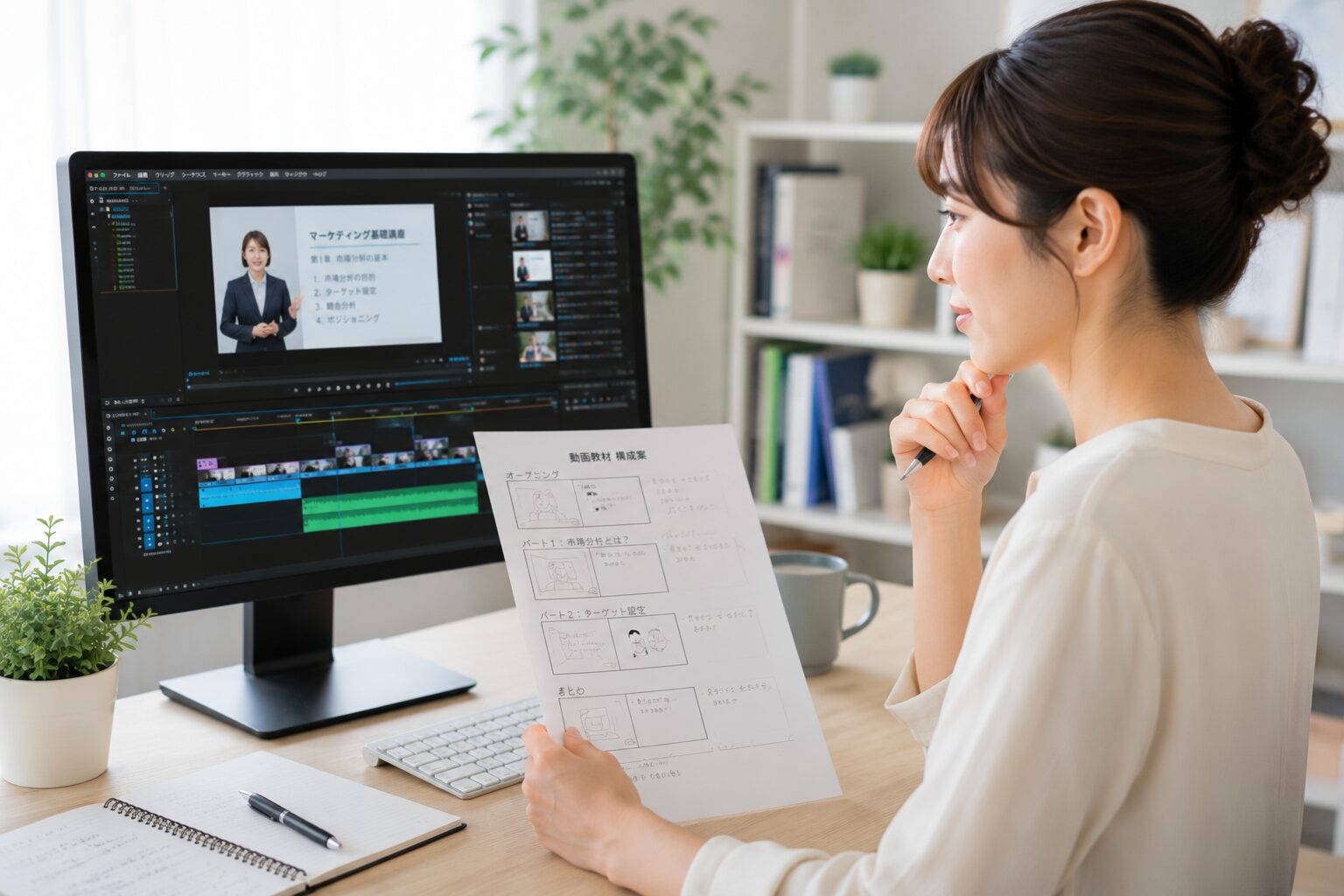 動画教材の構成案を確認する女性