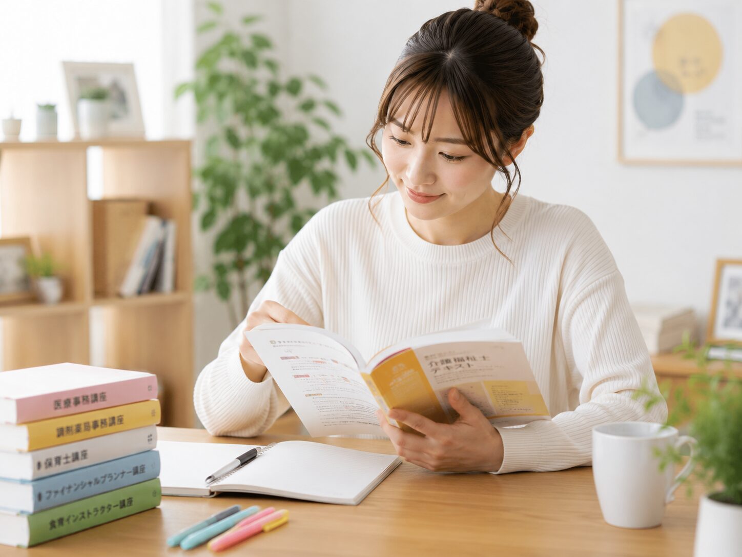 通信講座の教材とテキスト内容を自宅で確認する30代女性