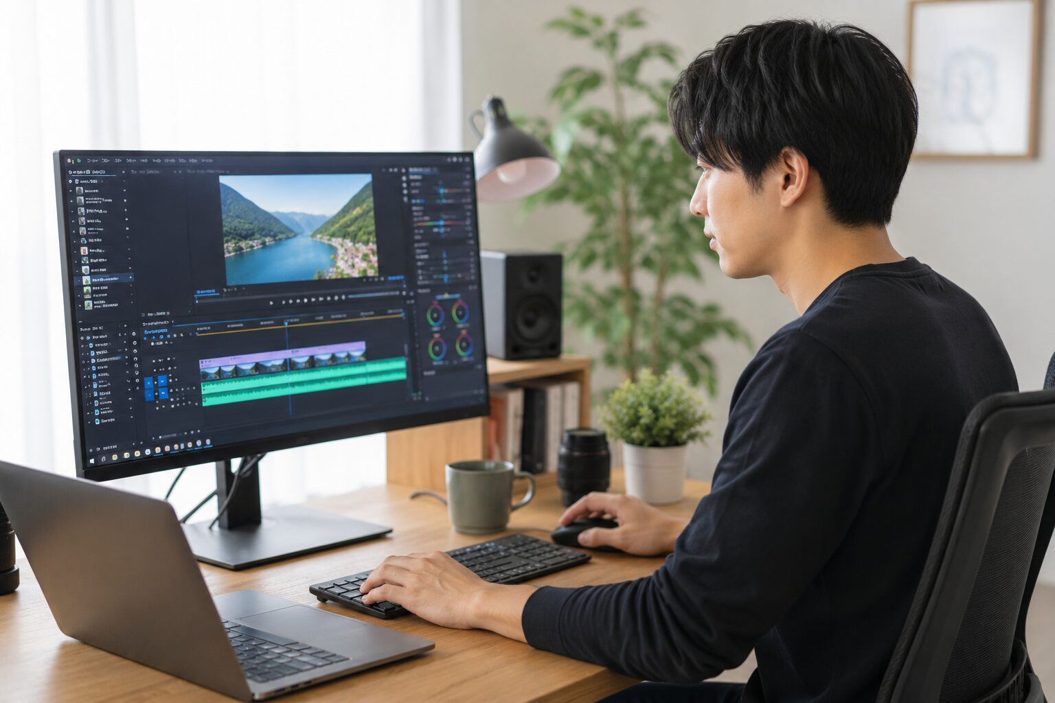 動画編集ソフトで教材動画を編集する男性