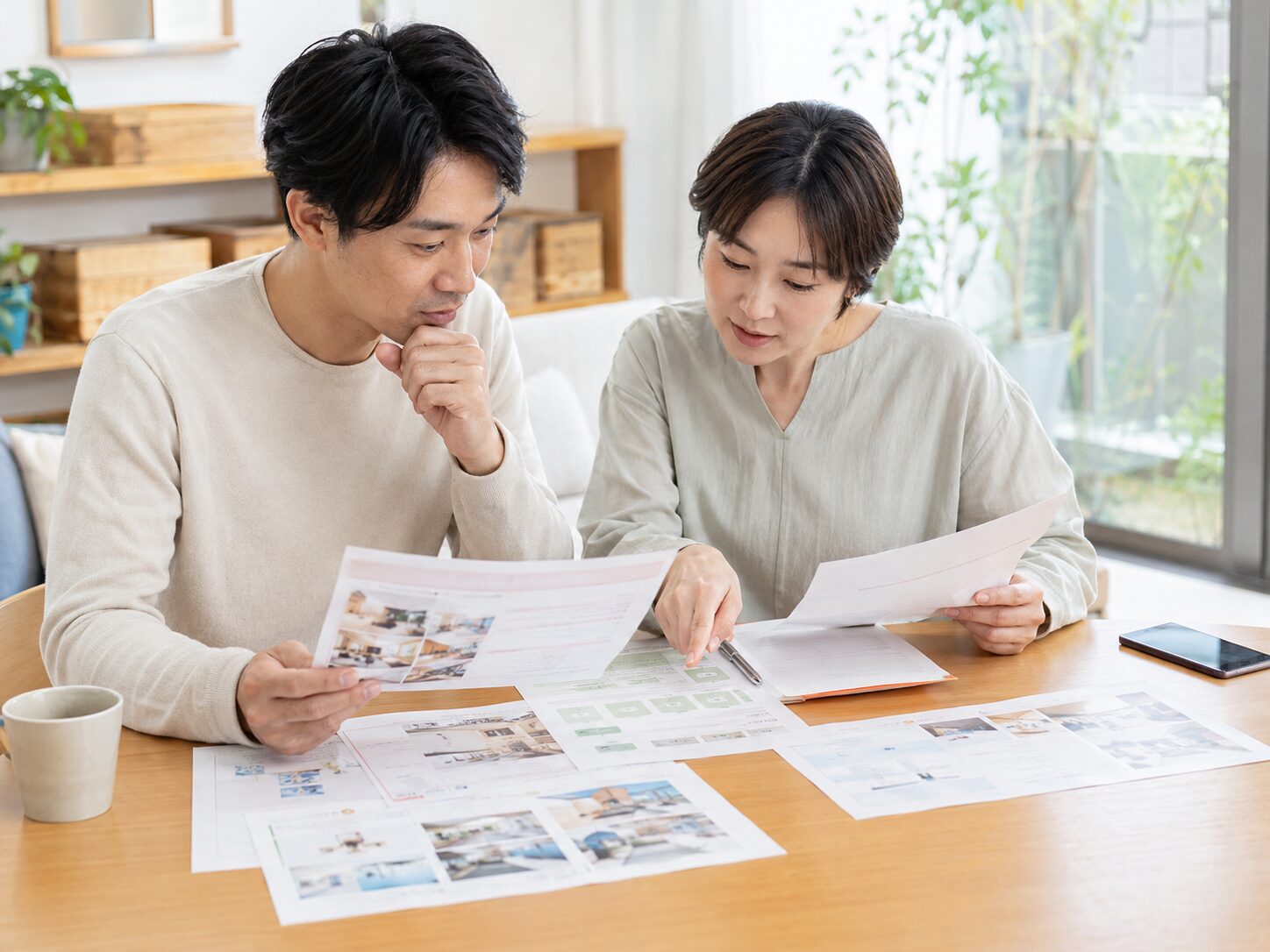 清掃フランチャイズの資料で研修内容を確認する夫婦