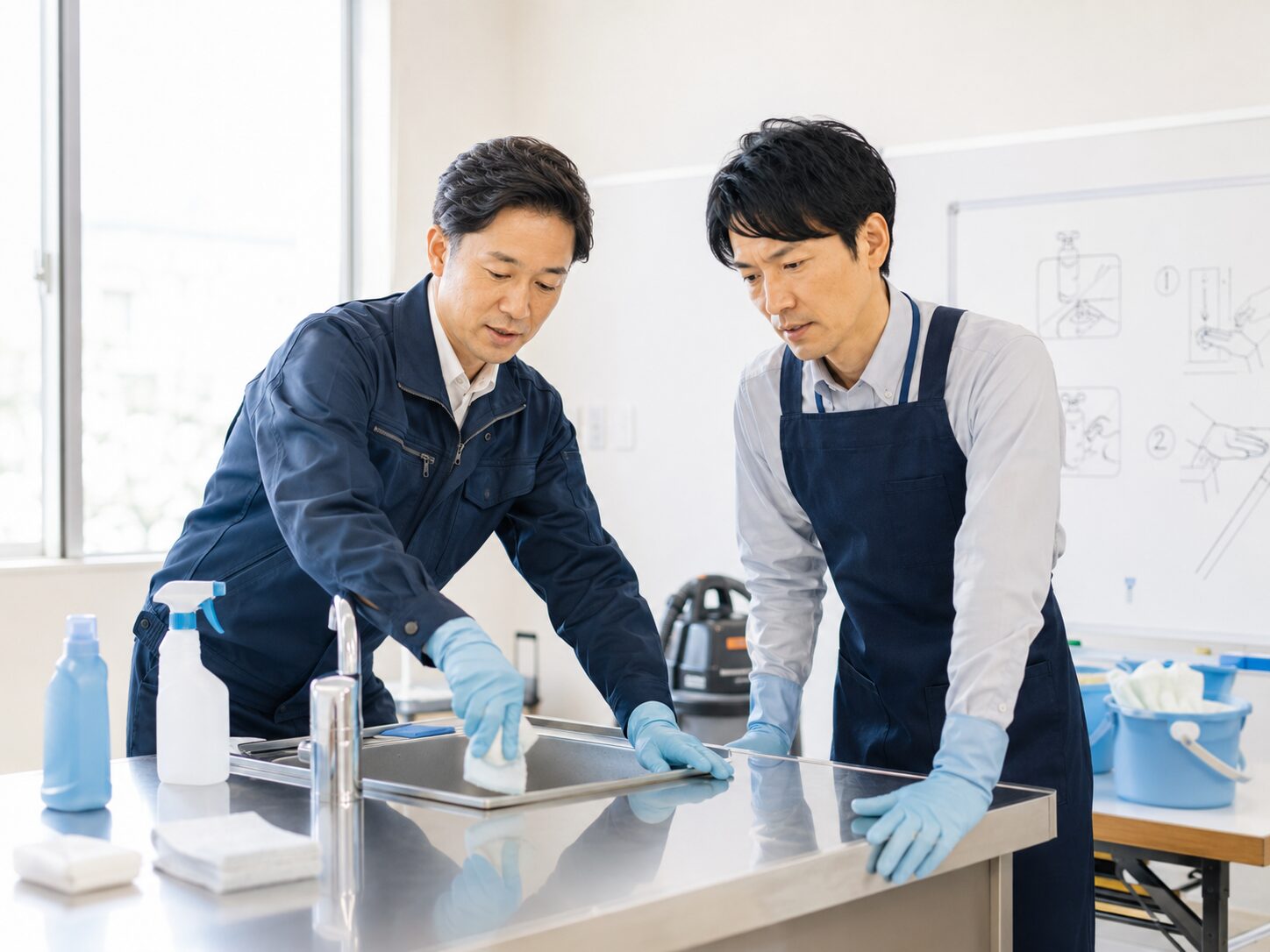 清掃研修で道具の使い方を学ぶ受講生