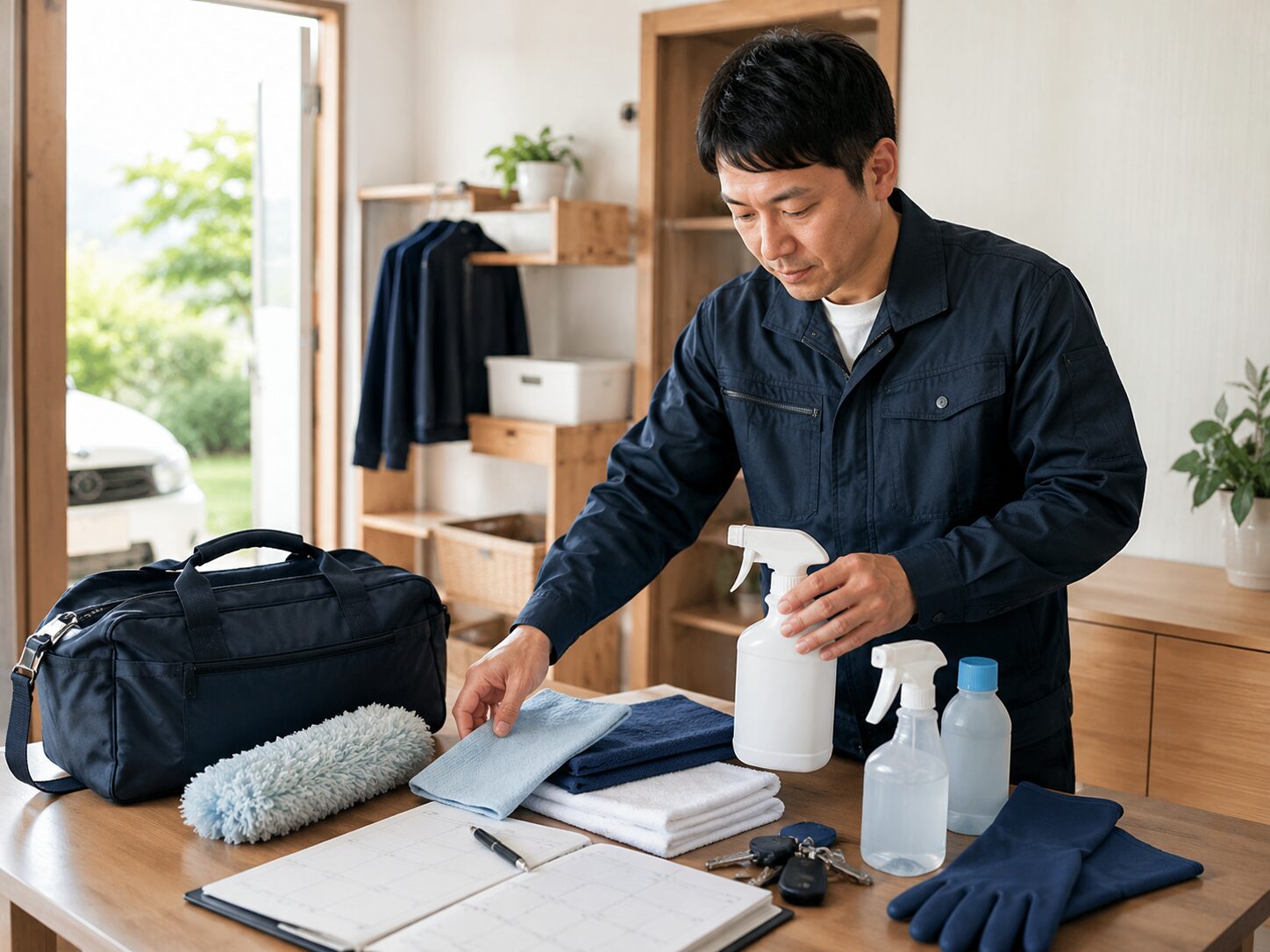 開業前に清掃道具と予定表を準備する男性
