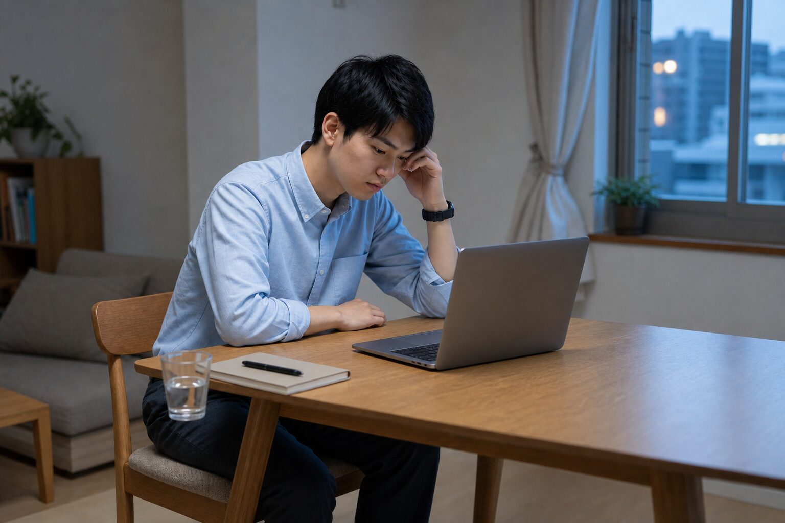 転職先を決められずノートPCの前で悩む20代の日本人男性