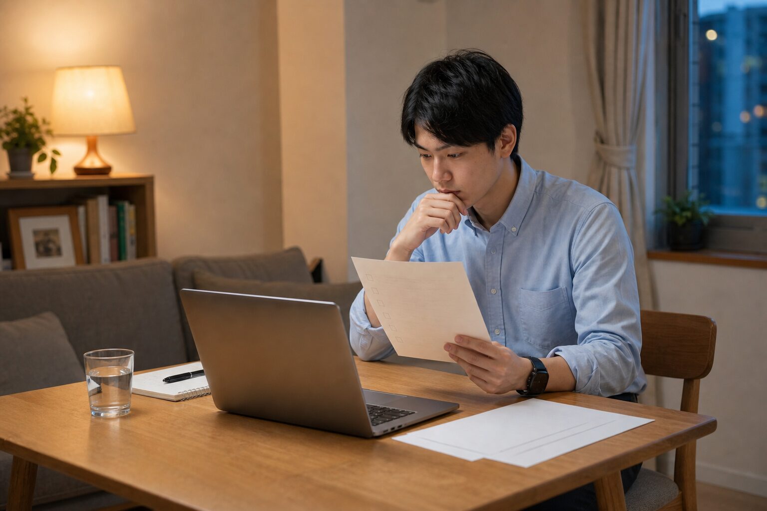 ノートPCで求人条件と希望する働き方を比較する20代の日本人男性
