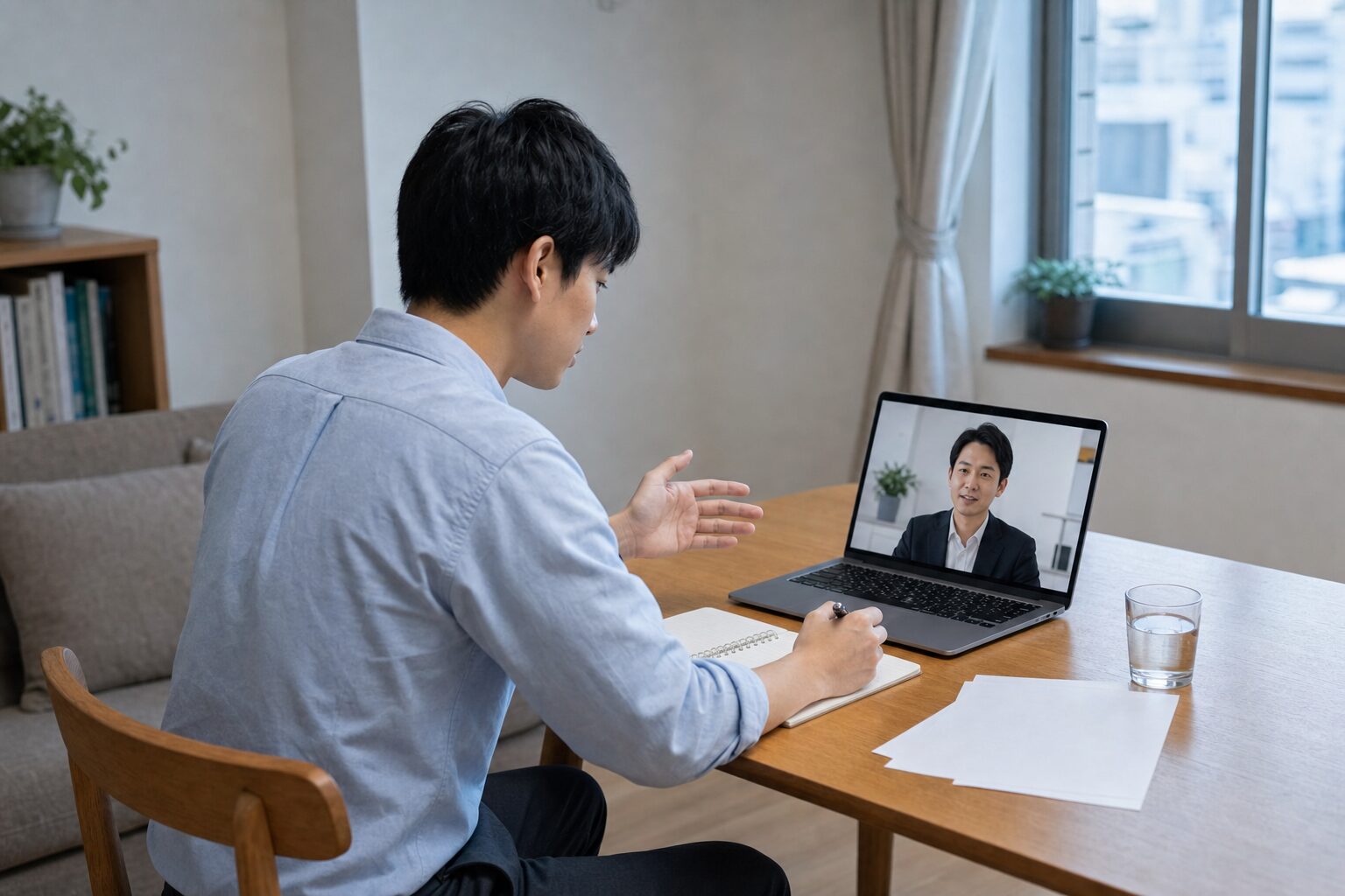 ノートPCを使ってキャリアアドバイザーへオンライン相談する20代の日本人男性