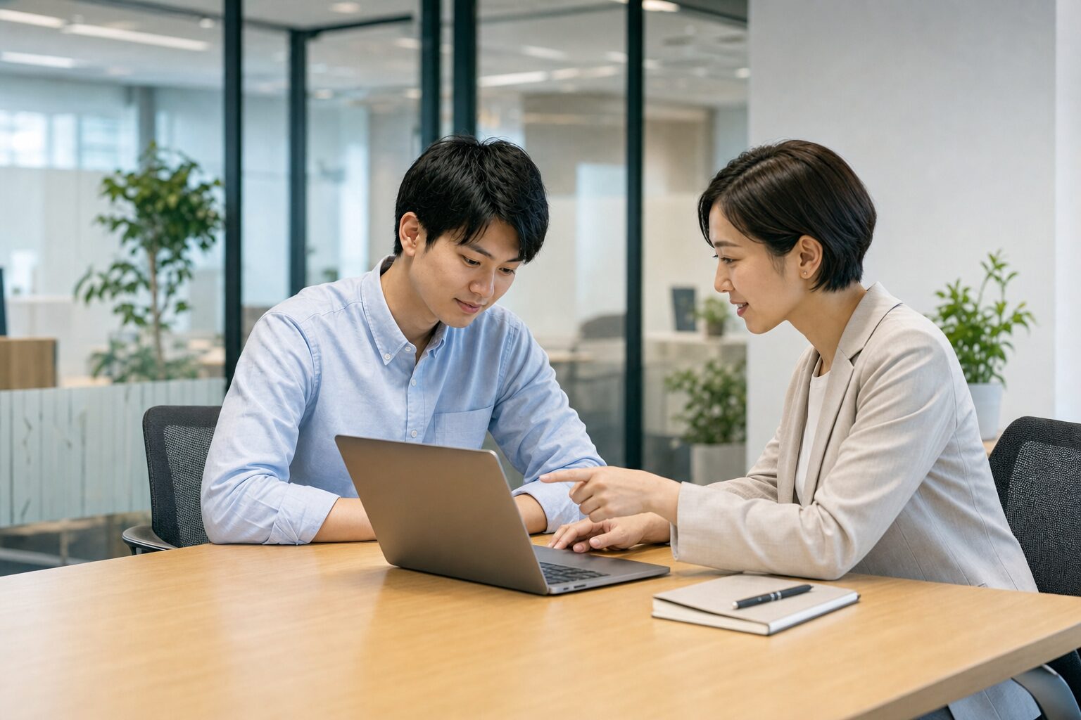 ノートPCで応募書類と面接内容を整理する20代の日本人男性