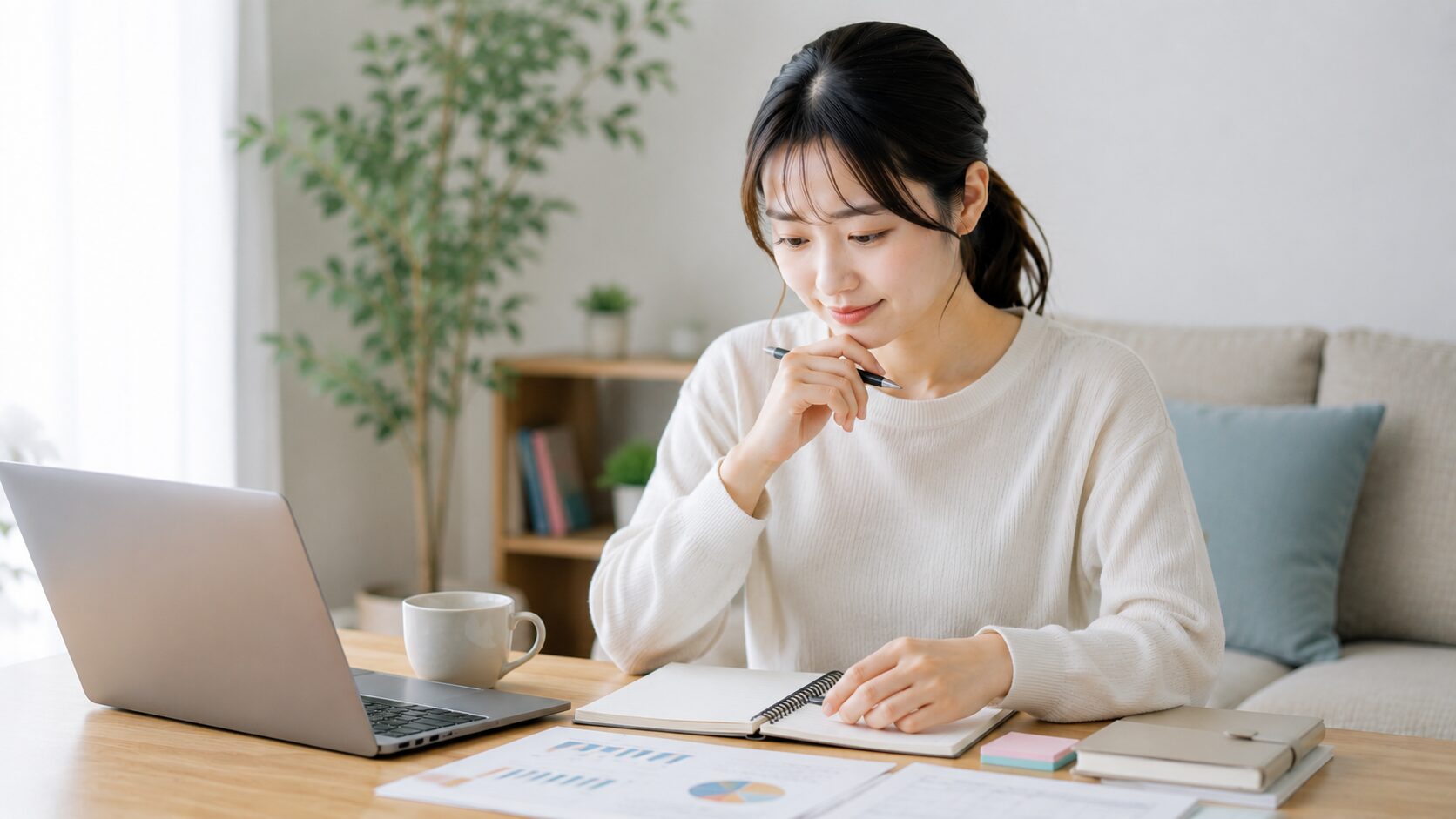 退職後の健康保険と年金の手続き書類を確認する女性