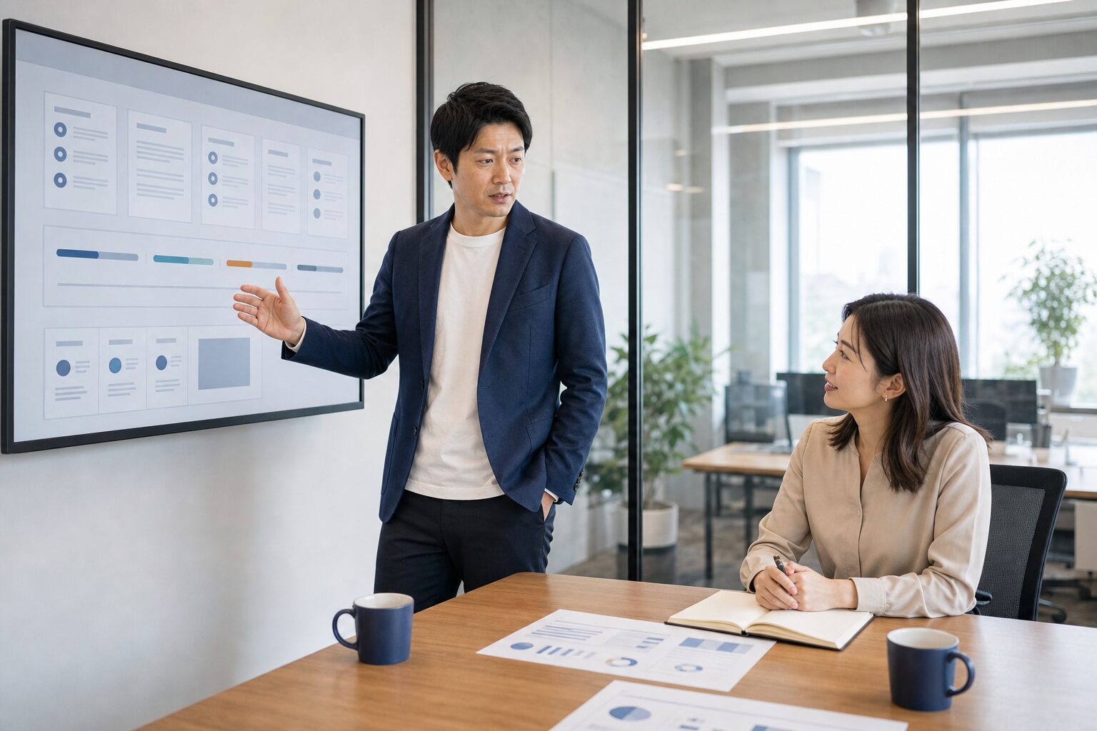 営業とマーケティングが資料閲覧データを共有して次の施策を検討する様子