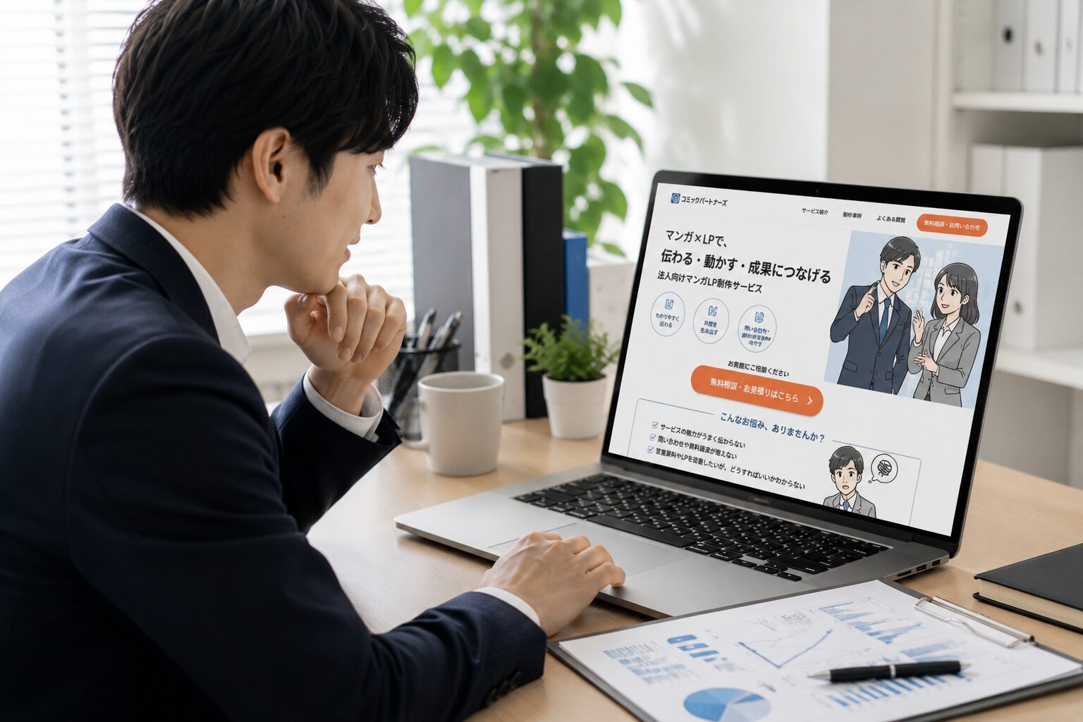 完成した漫画LPを確認するWeb担当者