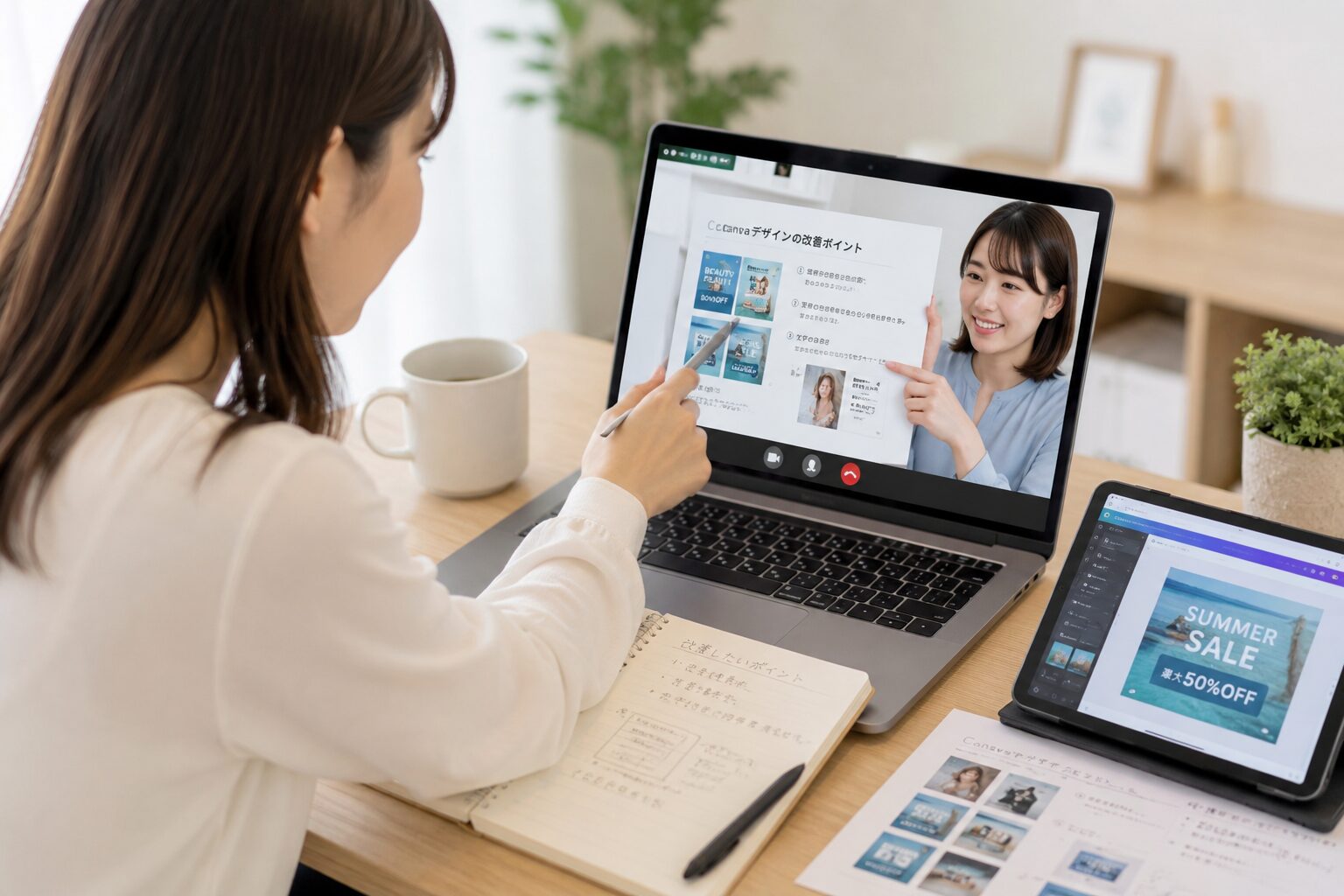 Canvaデザインやショート動画の課題を添削してもらう女性
