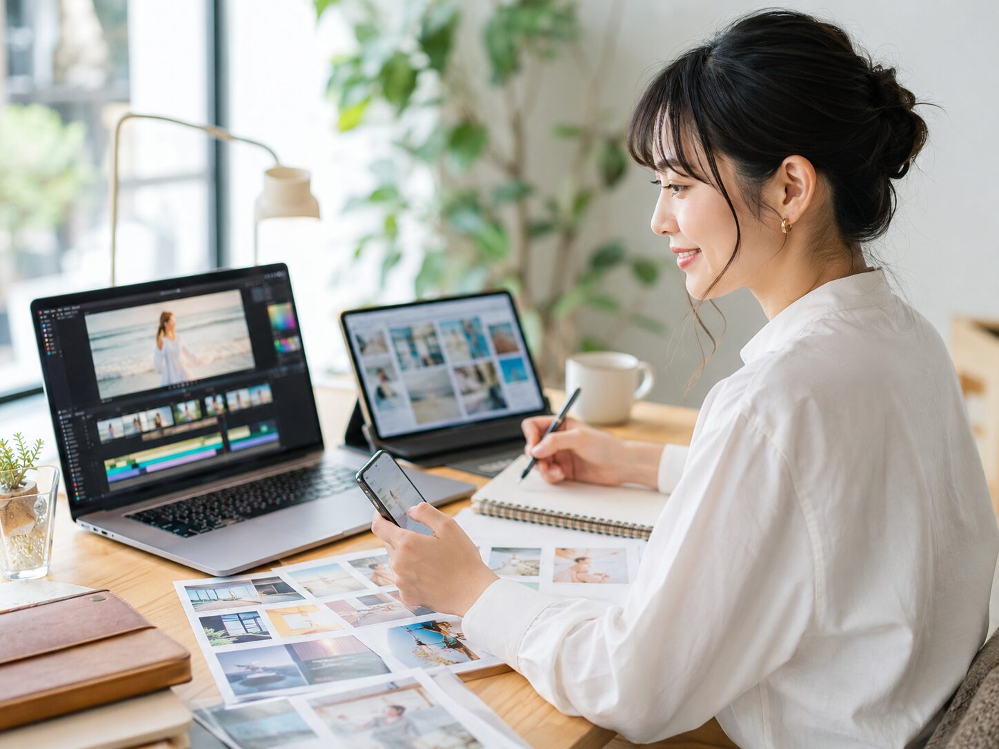 SNS投稿や短尺動画を制作しポートフォリオを整える女性