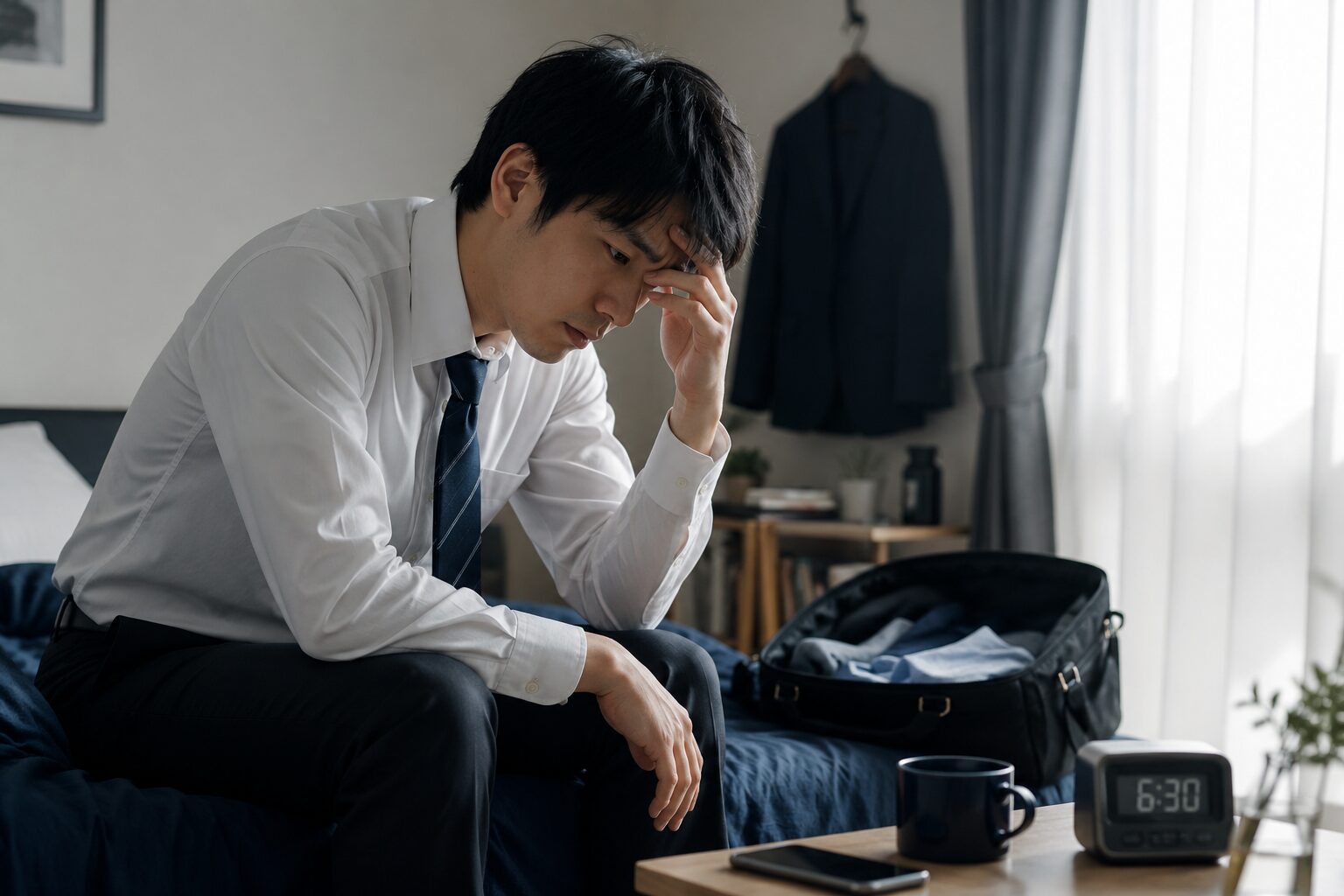 朝、退職を悩み出勤前に不安を抱える会社員