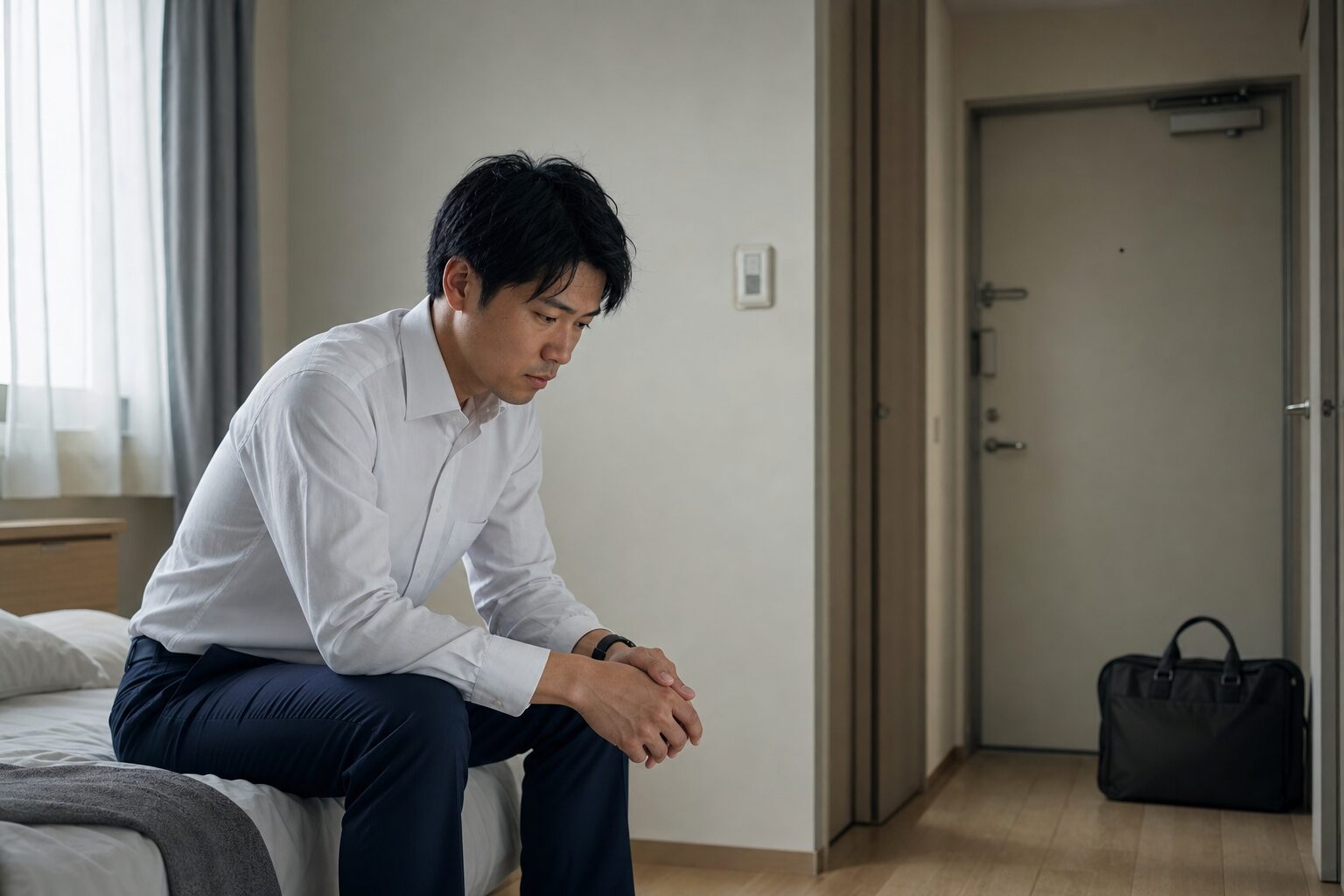 明日の出勤や上司への退職連絡を考えて悩む男性会社員