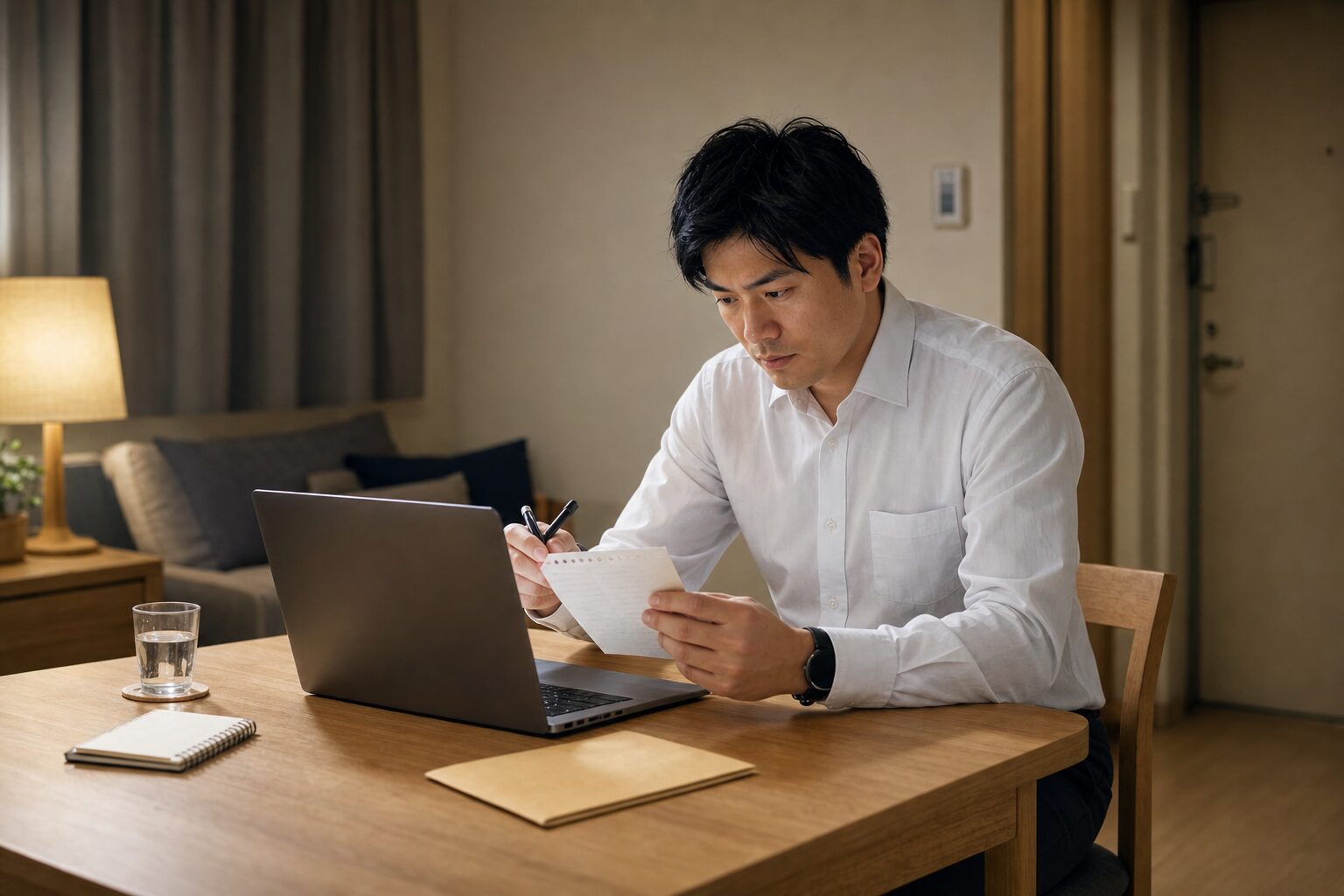 男性向け退職代行の対応範囲を自宅で調べる会社員