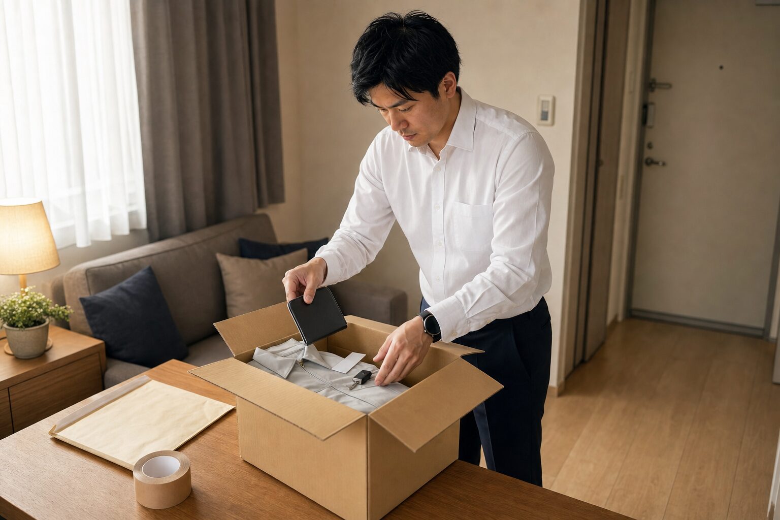 会社への貸与品返却に向けて必要な物を整理する男性