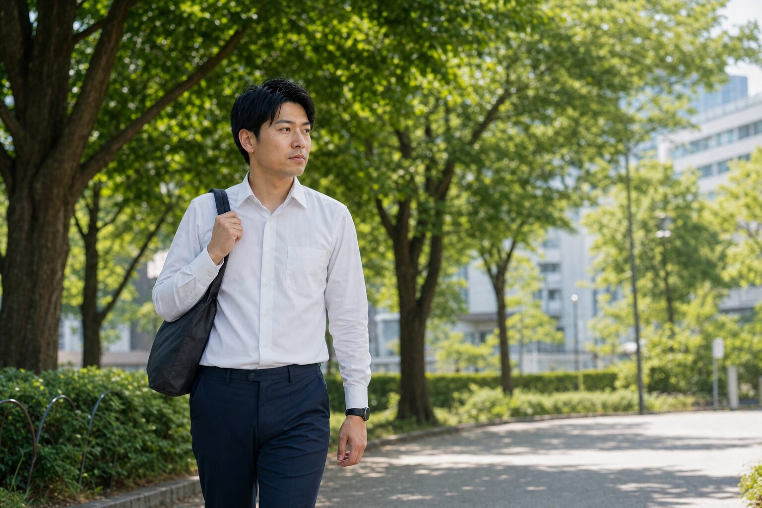 退職後の生活を見据えて穏やかな表情で歩き始める男性