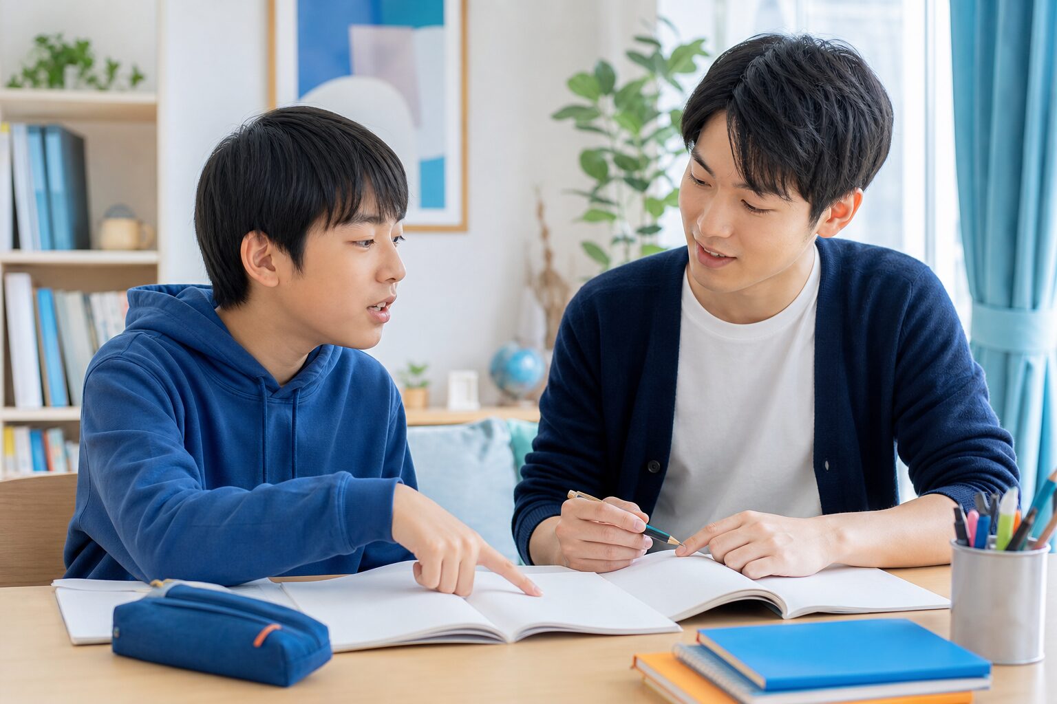 家庭教師へ分からないところを質問する中学生