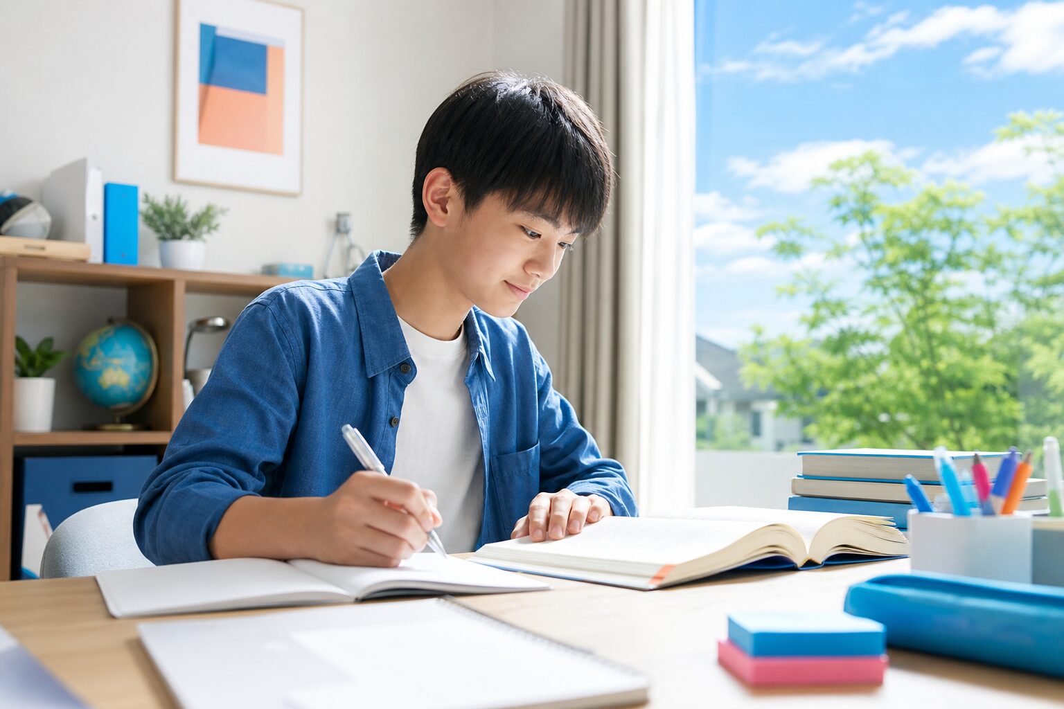 自分から机に向かい学習する中学生