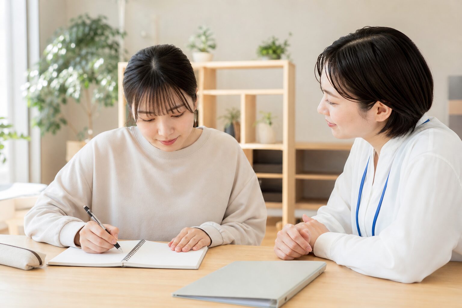支援者と一緒にノートへ自分の特徴を書き出す女性