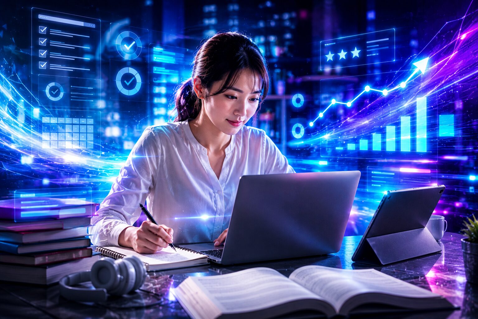 学習計画に沿って英語を勉強する社会人