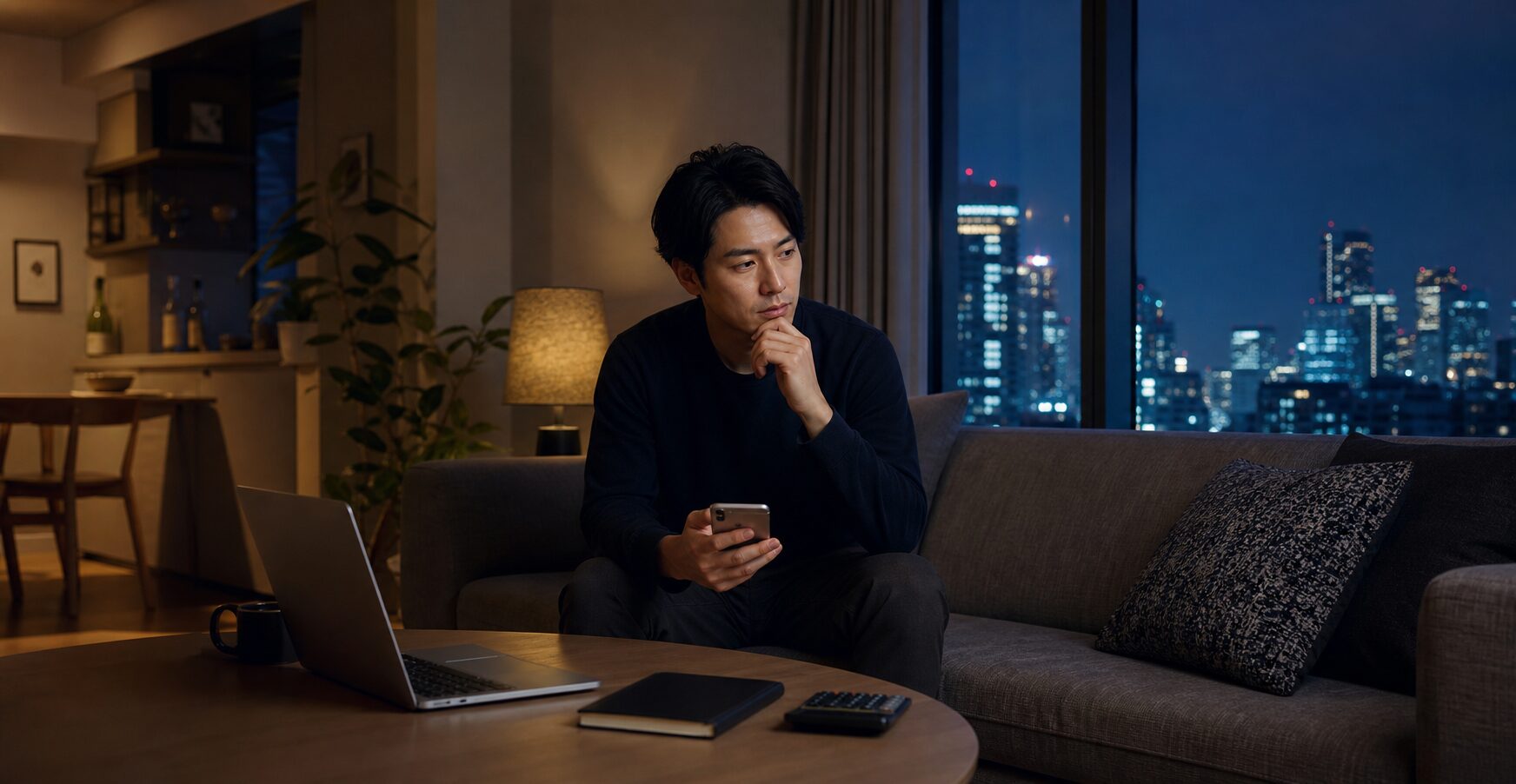 夜の自宅で将来のお金を考える男性
