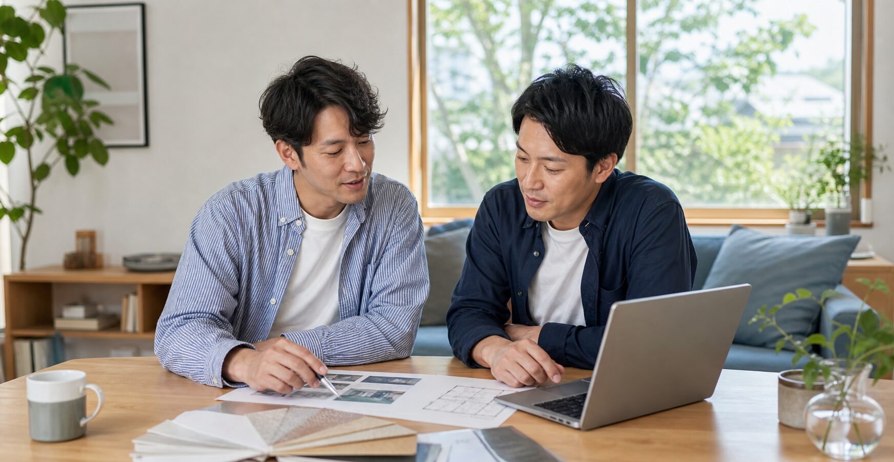 同性カップルが住まいの資料を検討する様子