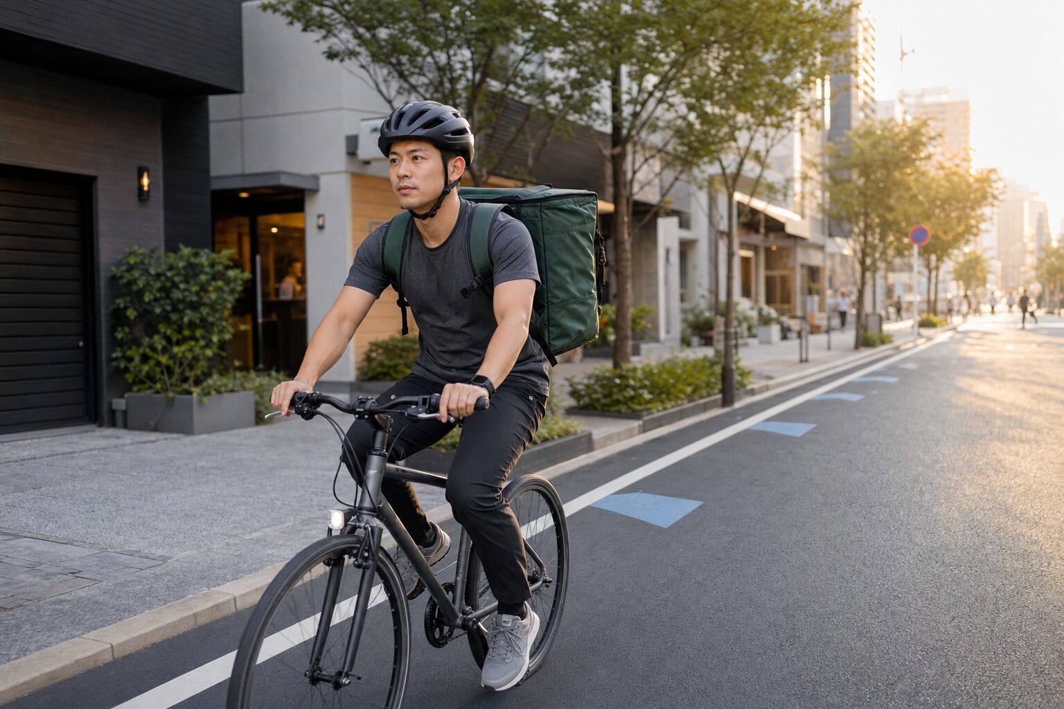 自転車で街を走るフードデリバリー配達パートナー