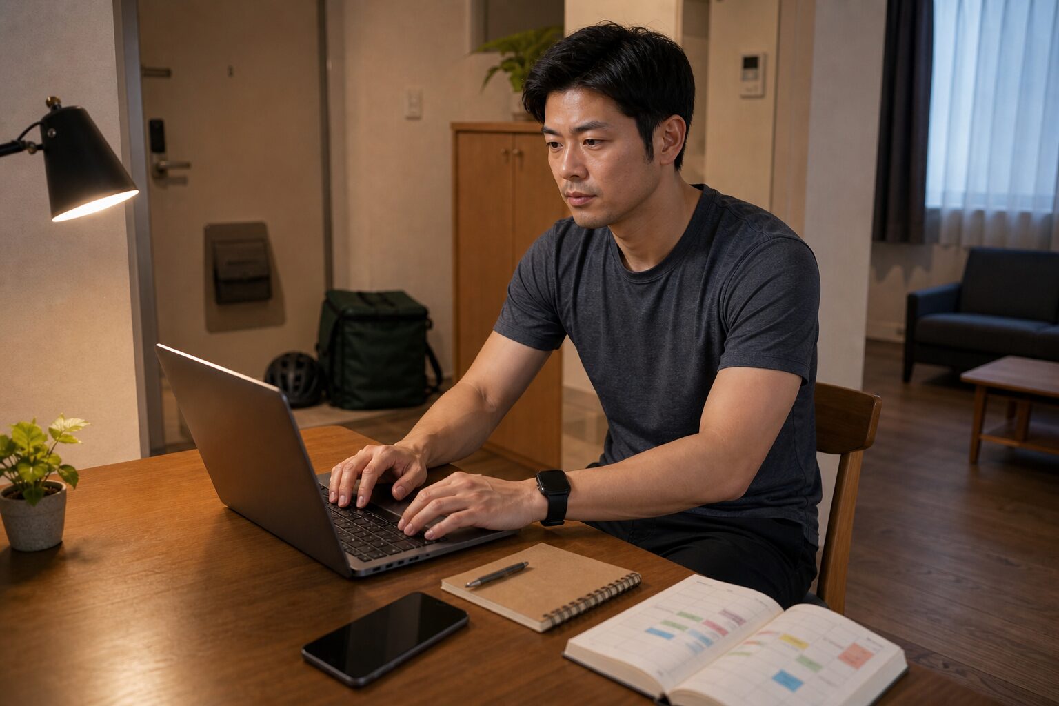 自宅で本業や学習と配達時間の予定を整理する男性