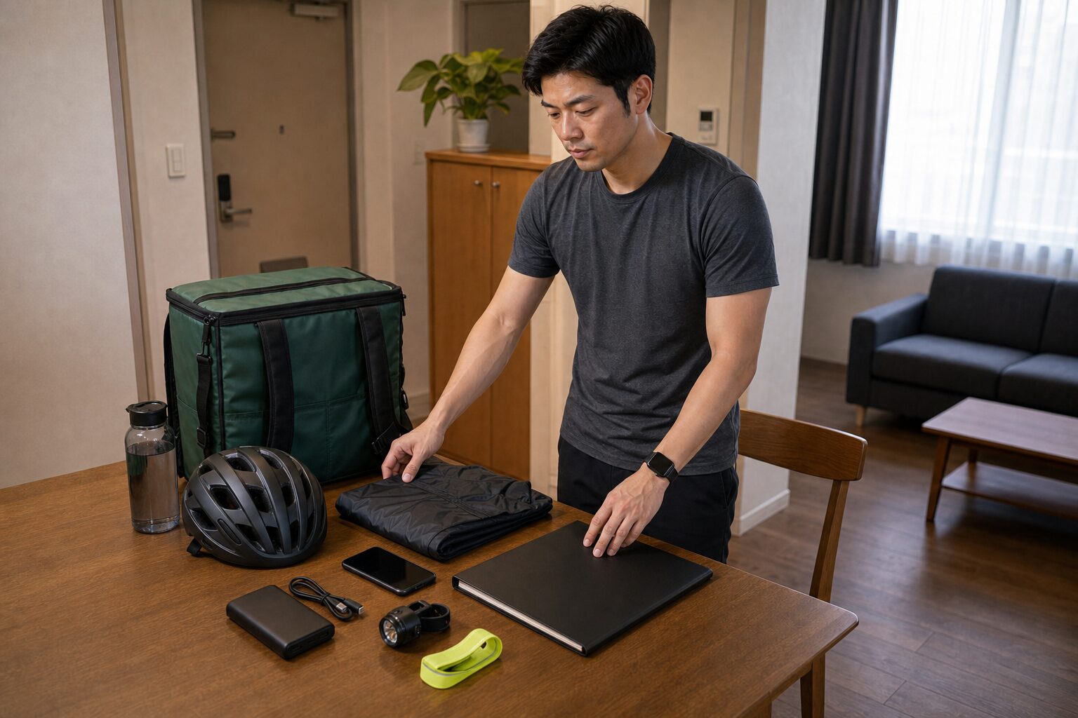 配達開始に必要な書類と安全装備を準備する男性