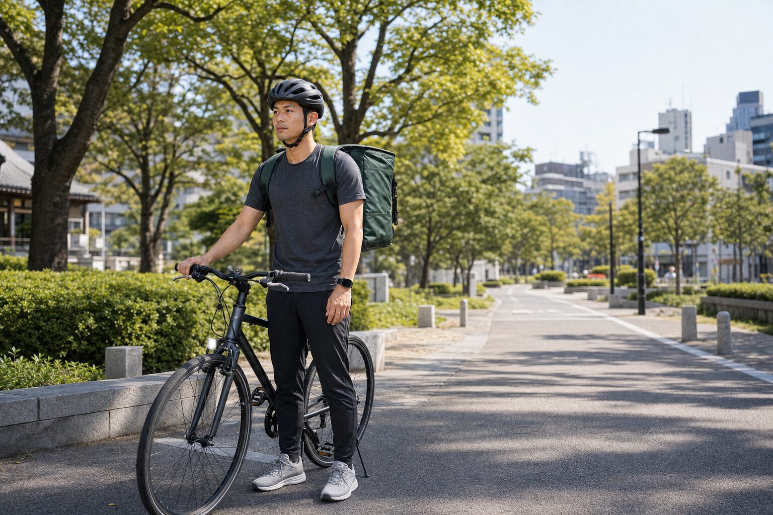 安全装備を整えて自分のペースで配達を始める男性