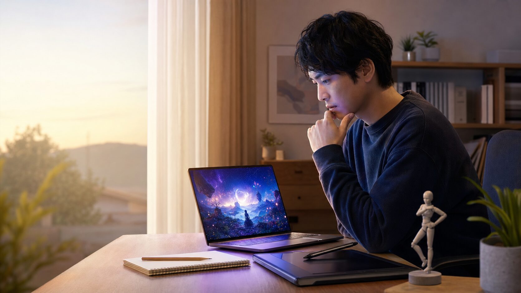 自宅でCGの学習方法を検討する社会人