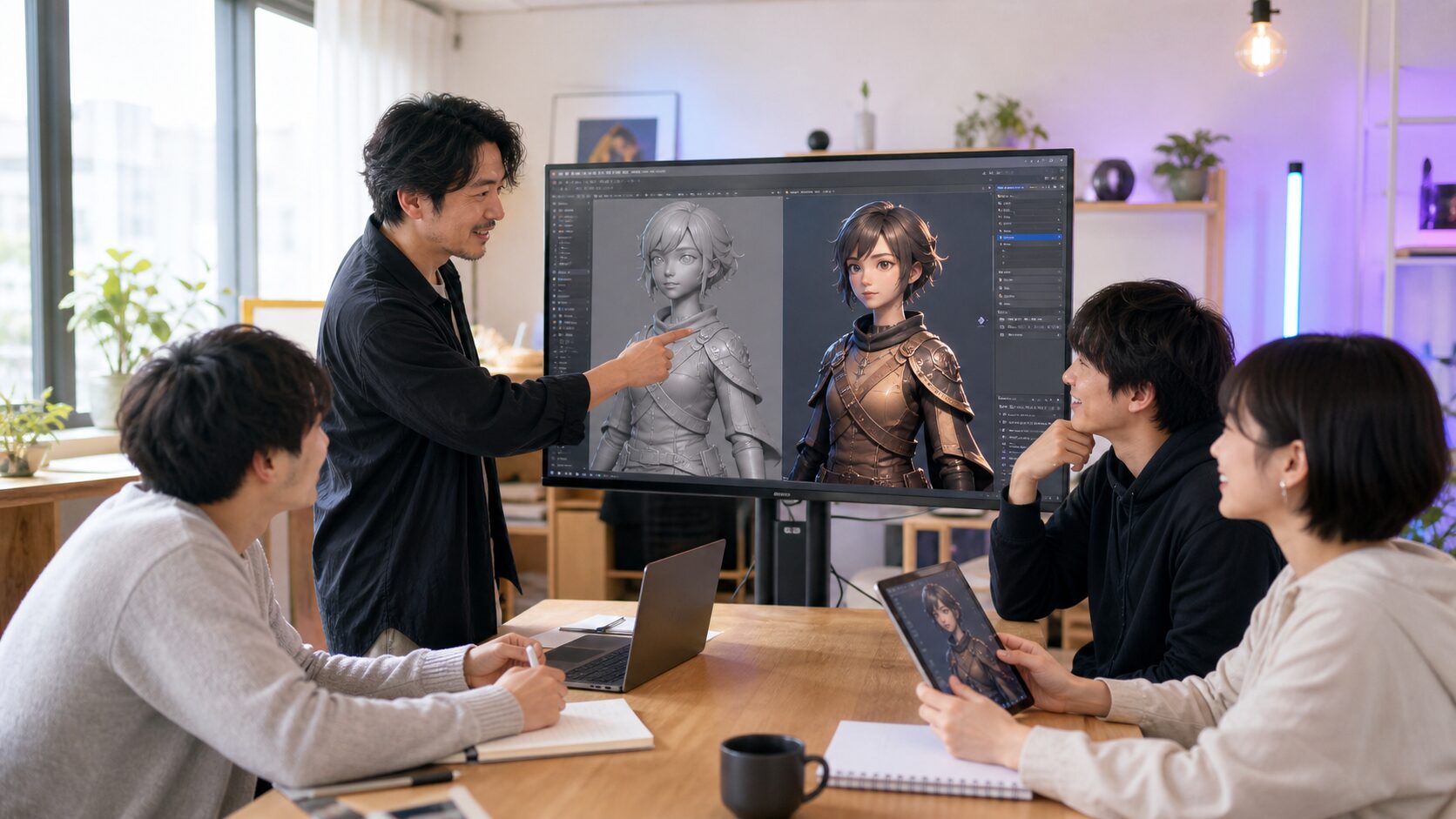 3Dキャラクター作品について講評を受ける受講生たち